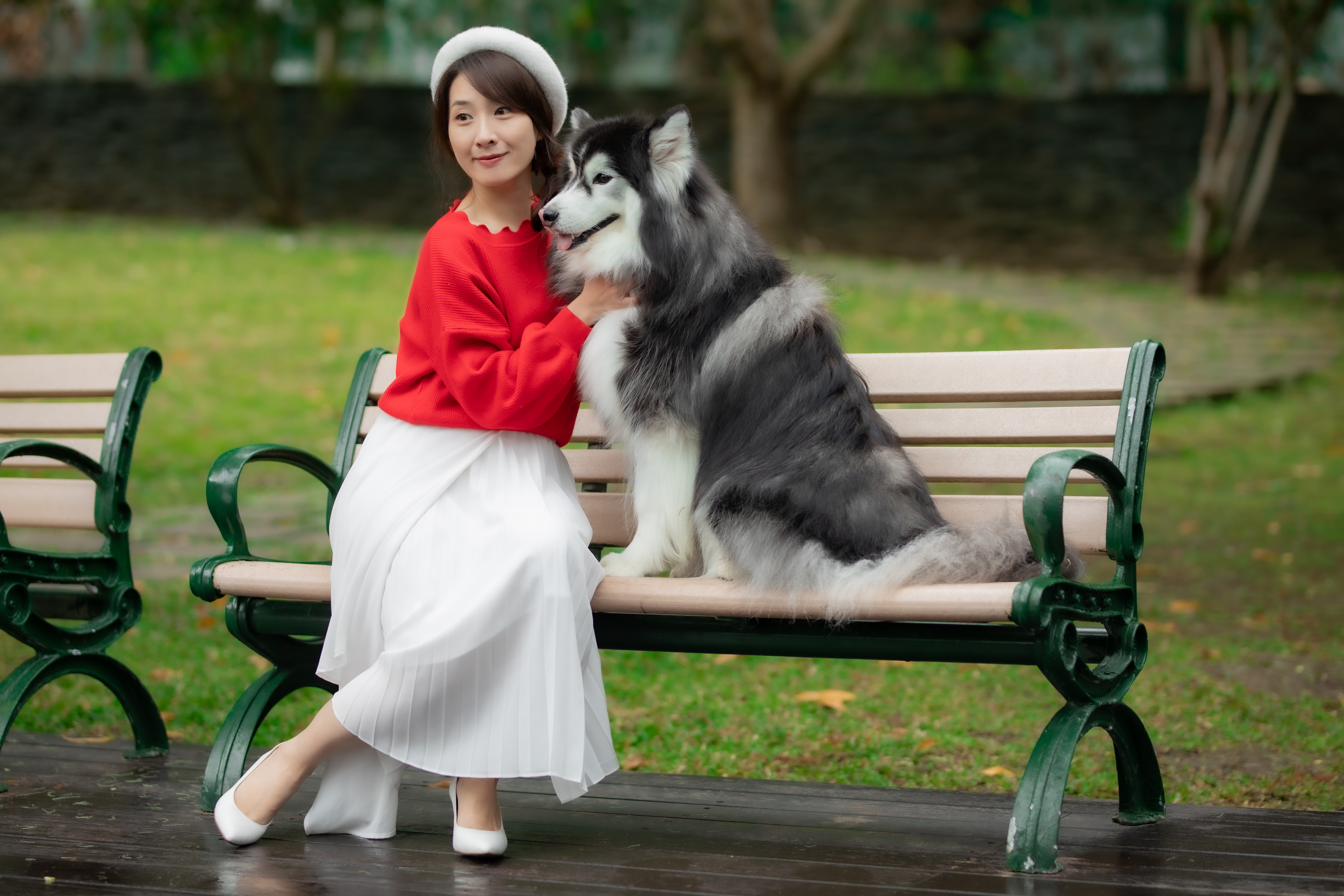 People 3840x2560 Asian model women long hair dark hair bench dog berets white skirt red pullover white heels heels