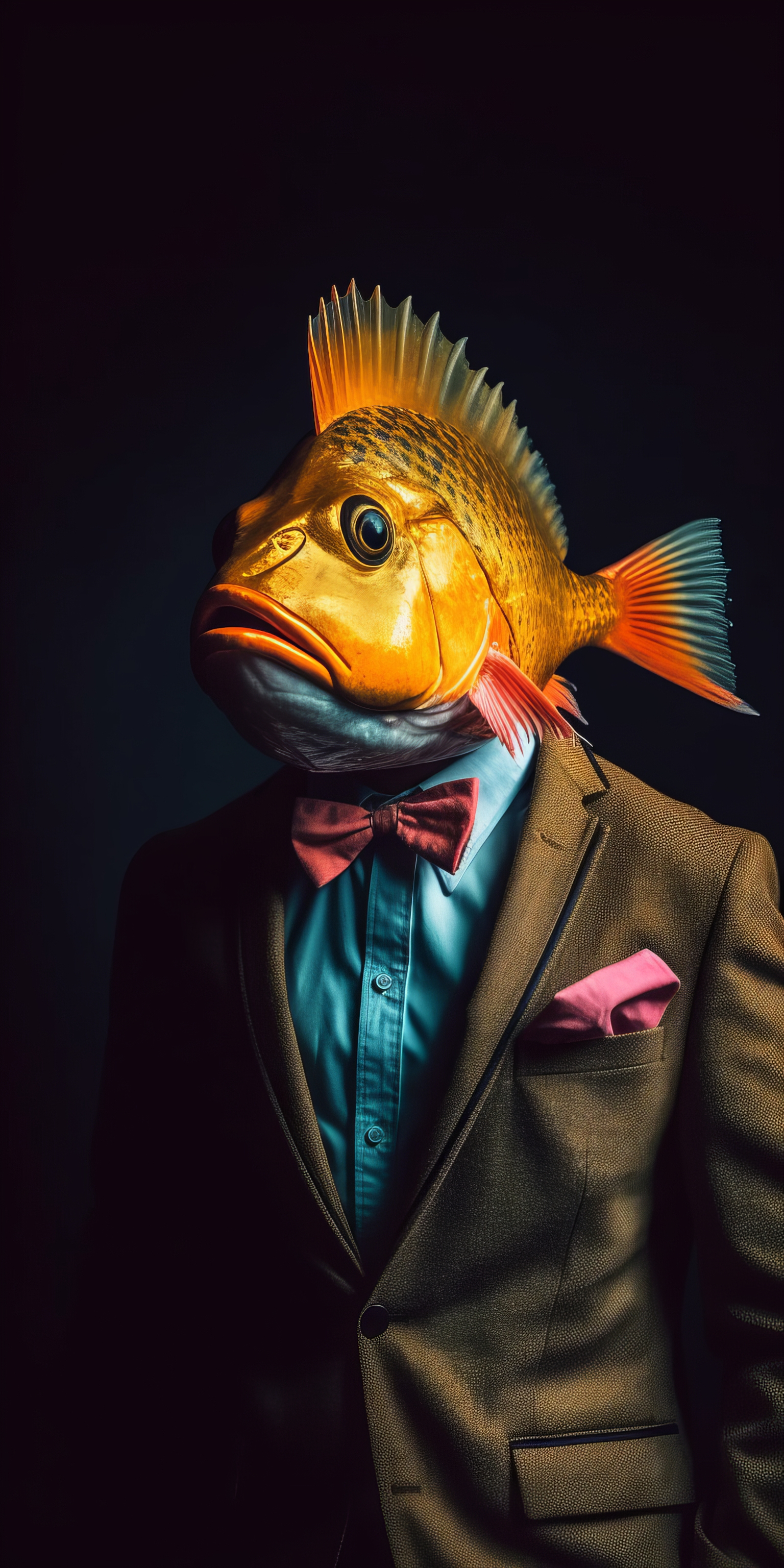 General 1536x3072 AI art portrait display fish head suit and tie animals black background simple background bow tie