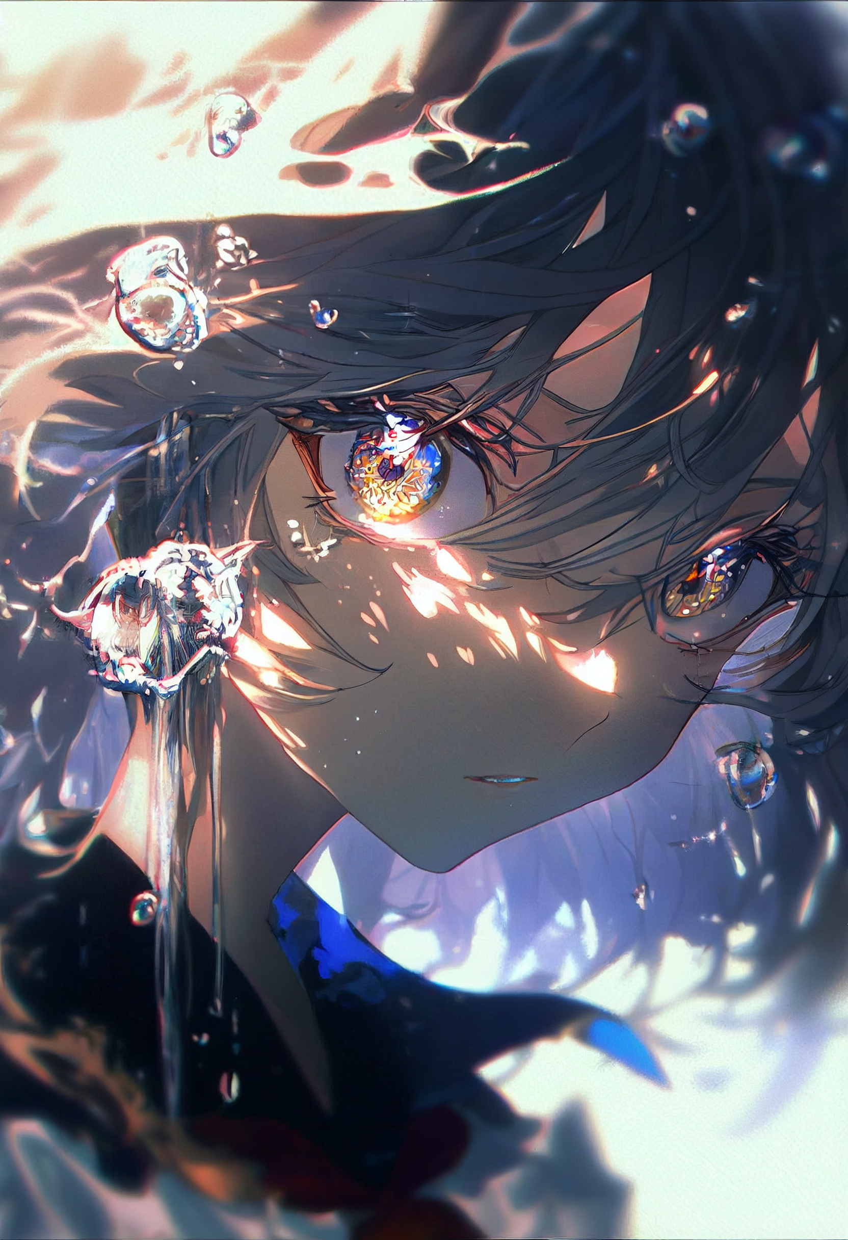 Anime 1664x2432 anime Pixiv bubbles looking at viewer water drops schoolgirl school uniform face multi-colored eyes dappled sunlight anime girls AI art