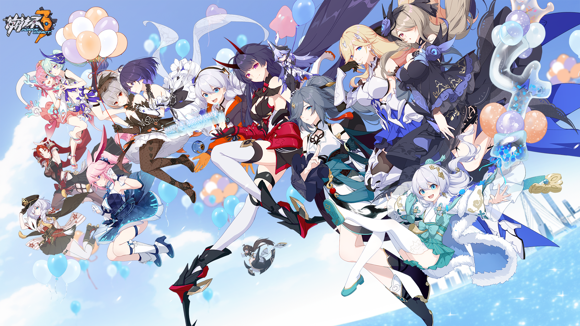 Anime 1920x1080 Honkai Impact anime games balloon dress water looking at viewer sky clouds anniversary gloves falling hat video games