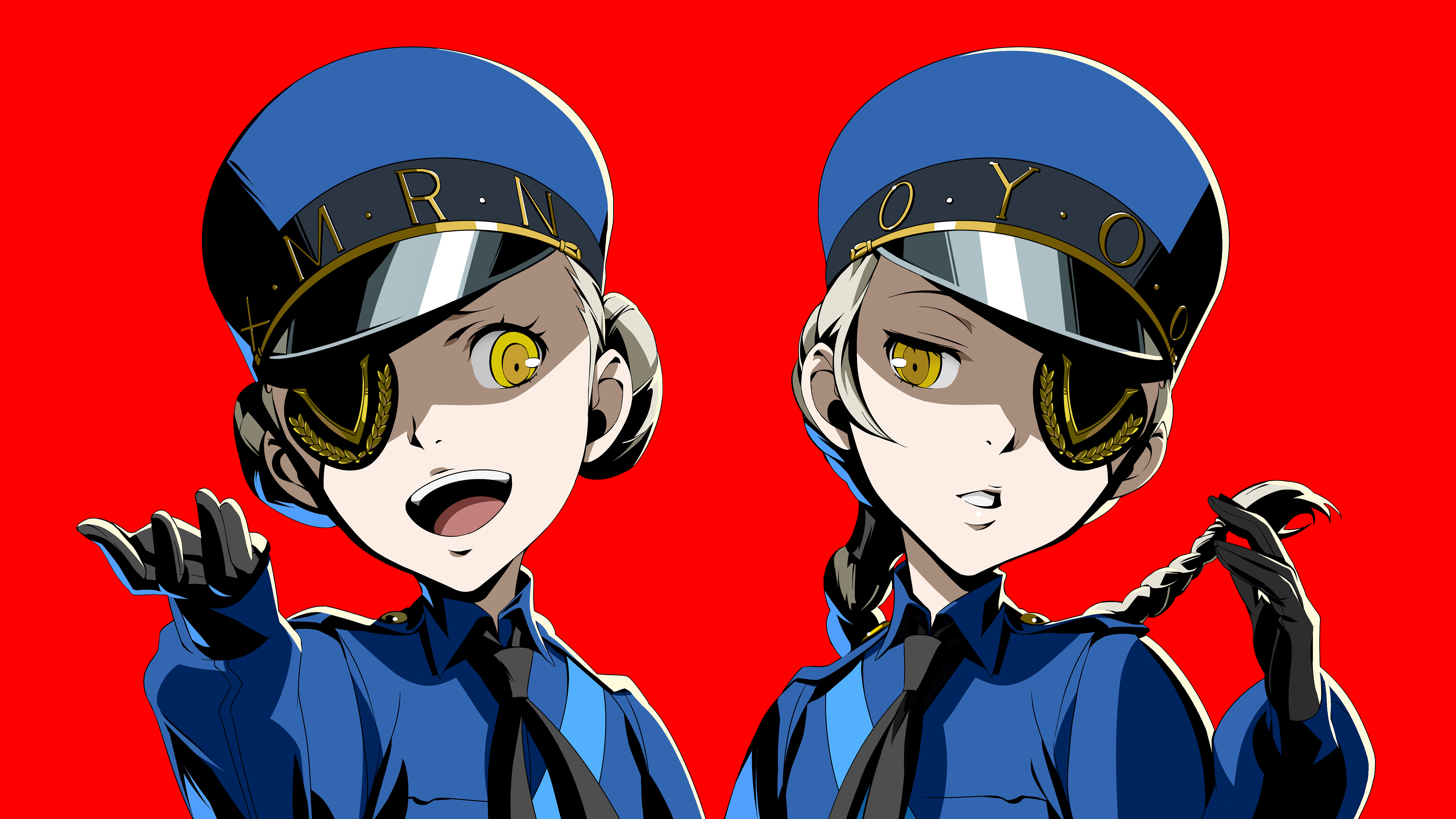 Anime 4552x2560 Persona 5 velvet room anime girls red background simple background hat eyepatches braids yellow eyes gloves uniform Persona series