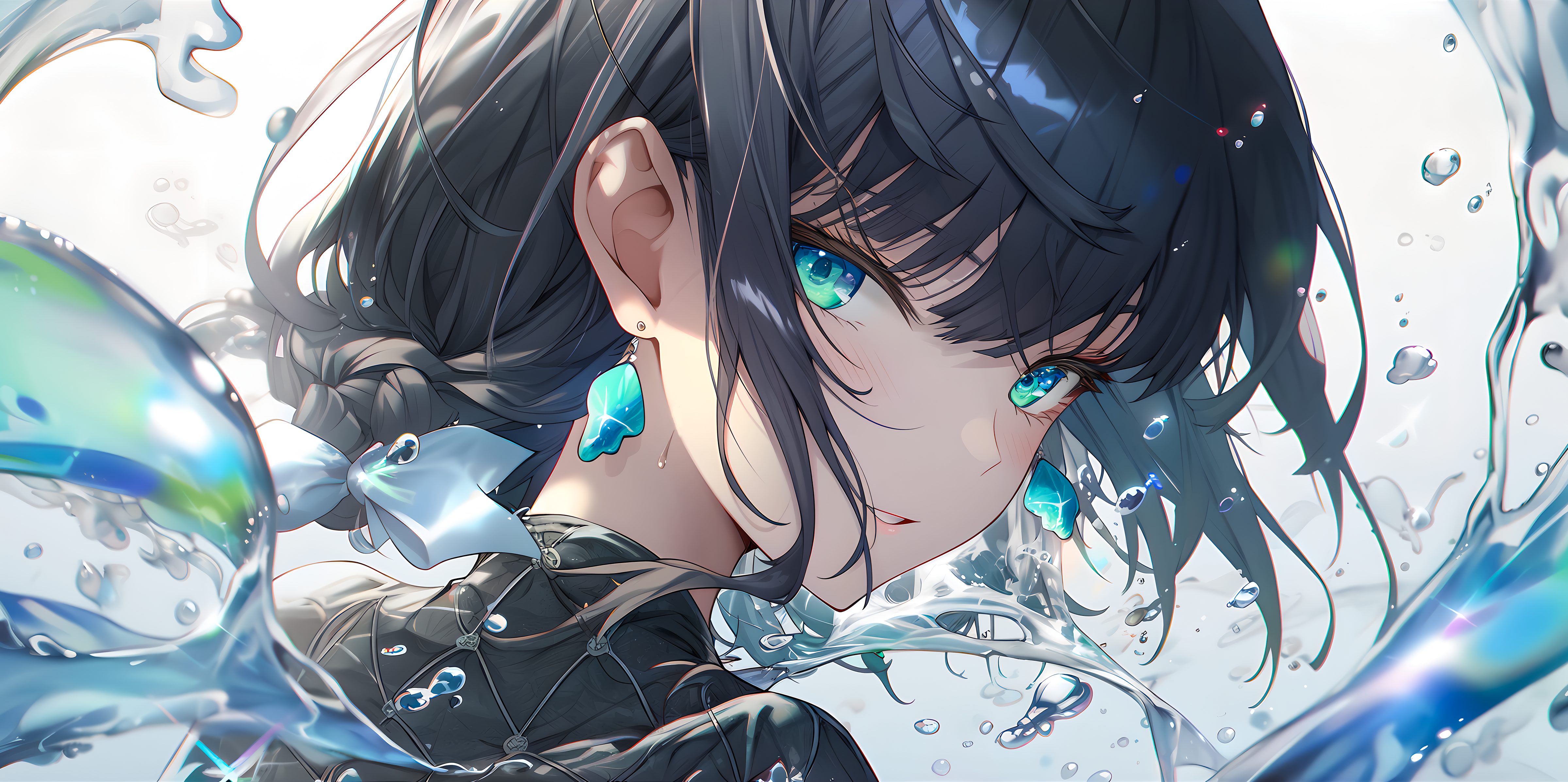 Anime 4798x2392 AI art water looking at viewer anime girls earring bow tie water drops blushing digital art