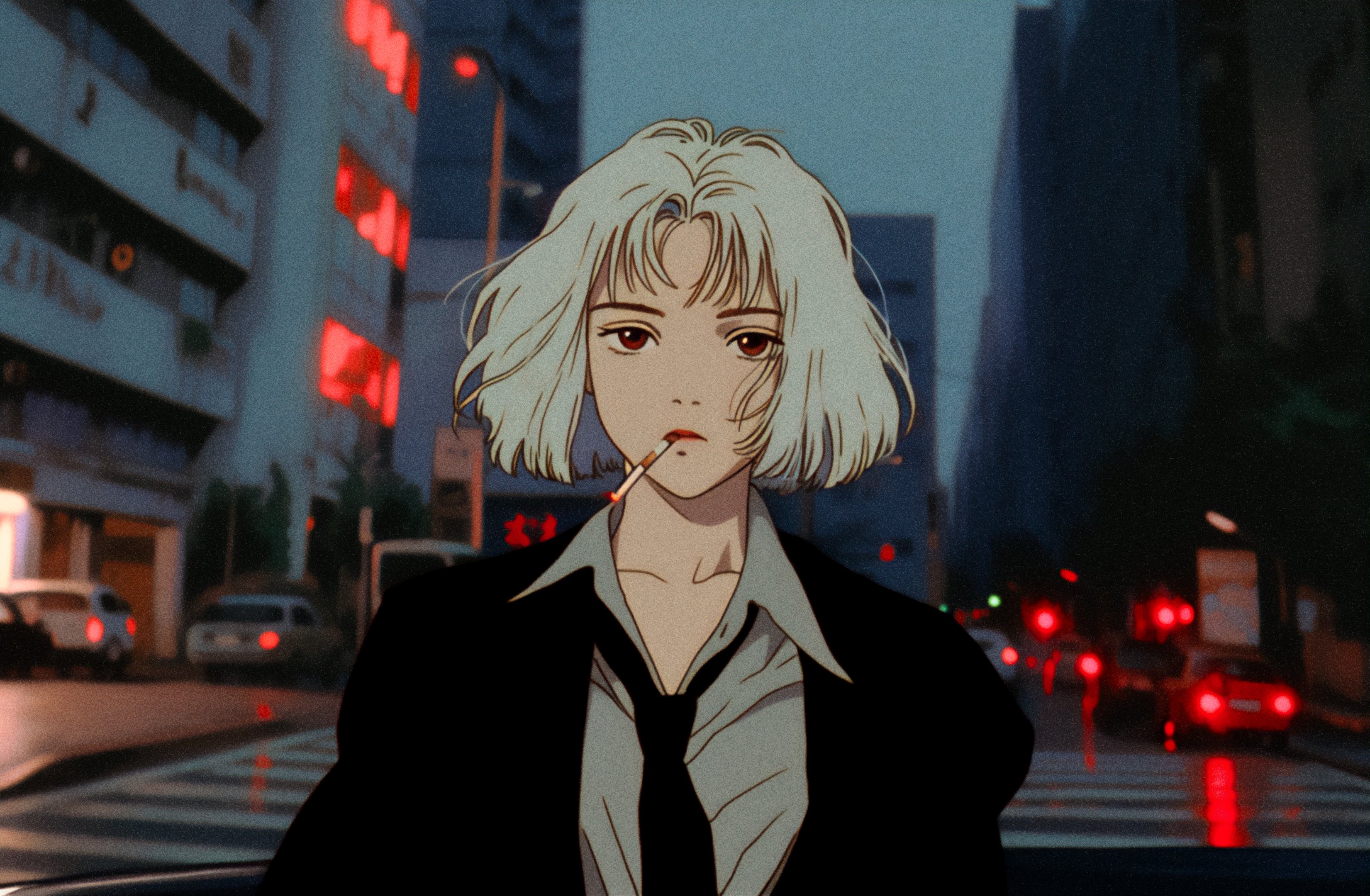 Anime 3302x2160 axynchro AI art retro style anime girls cigarettes smoking short hair city building looking at viewer white hair red eyes tie