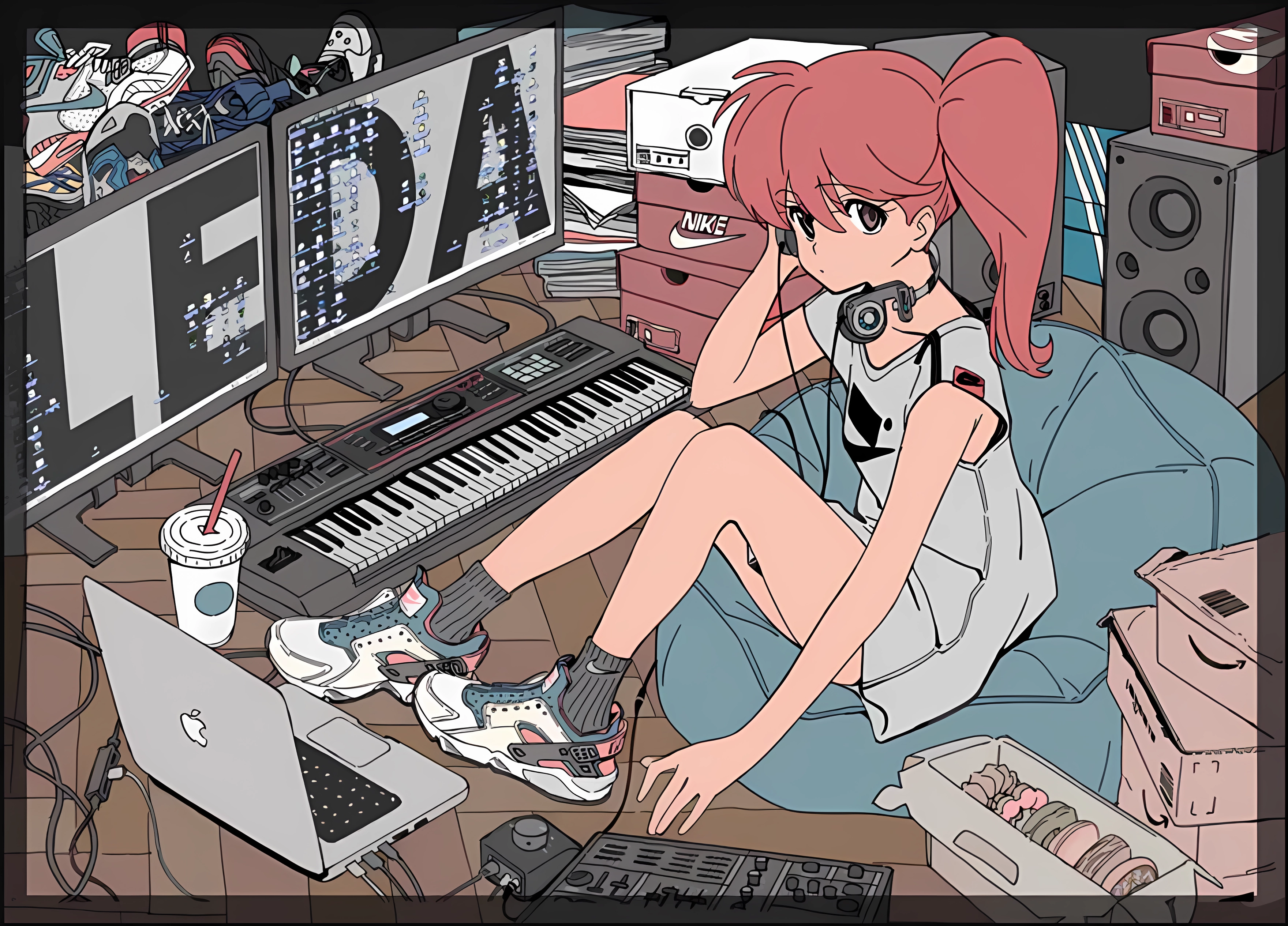 Anime 3520x2532 Tarou2 anime anime girls headphones piano laptop musical instrument looking at viewer redhead donut shoes drink Nike Side ponytail high angle