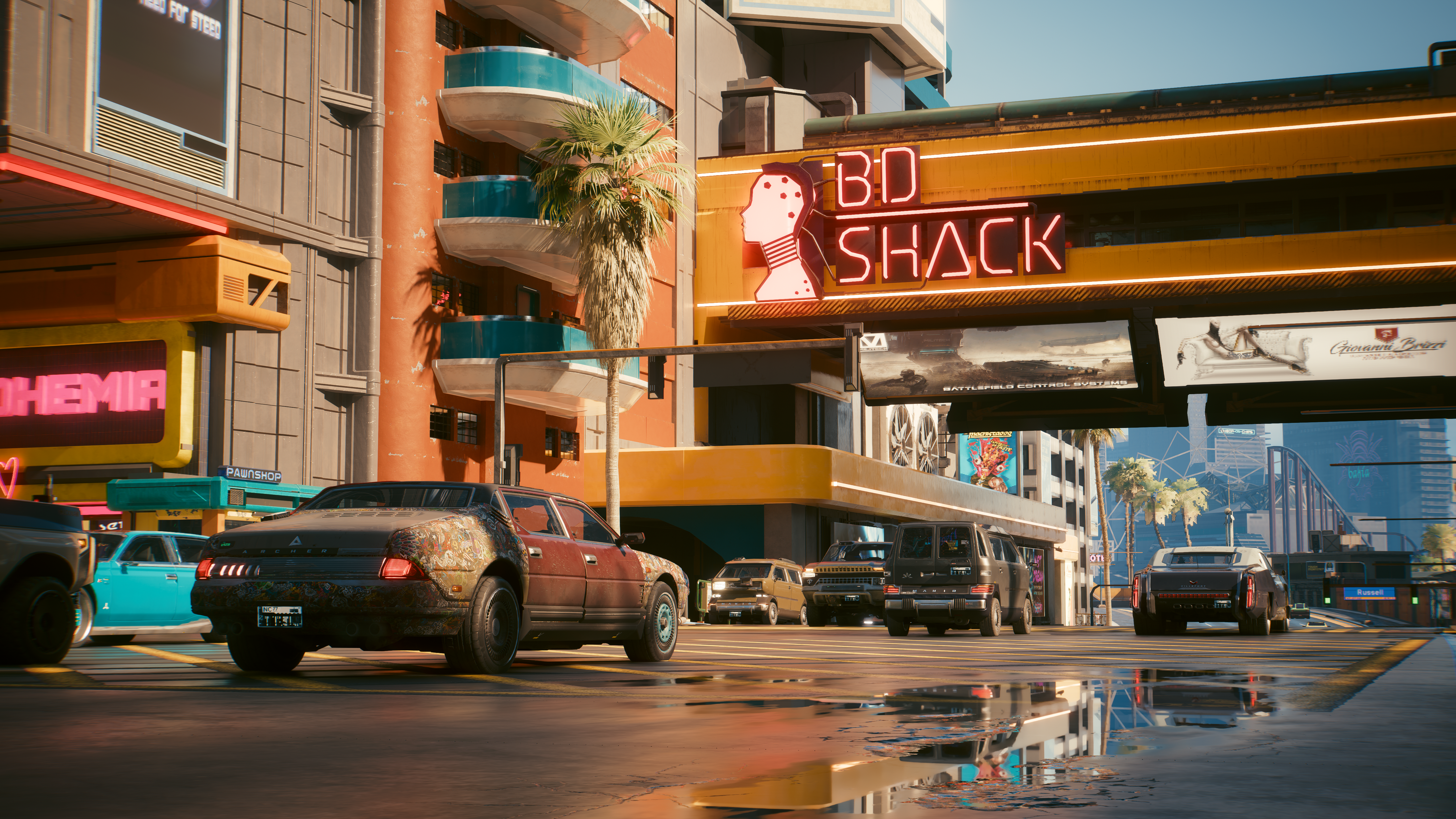 General 5120x2880 Cyberpunk 2077 video games Nvidia RTX path tracing car reflection neon signs CGI road building
