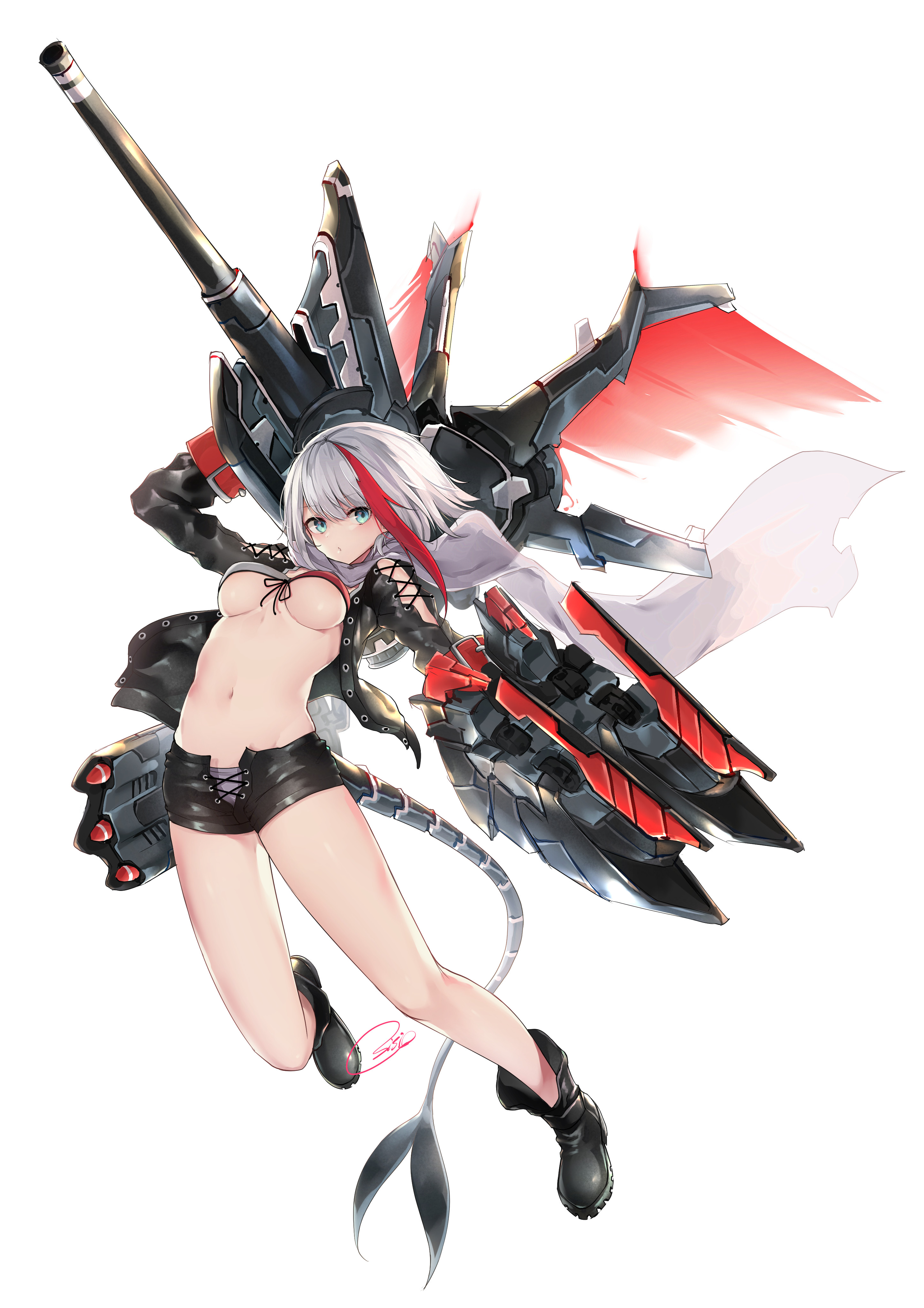 Anime 2894x4093 Azur Lane Admiral Graf Spee (Azur Lane) Osisio anime girls portrait display underboob big boobs two tone hair looking at viewer weapon short shorts tail white background simple background bikini top belly belly button