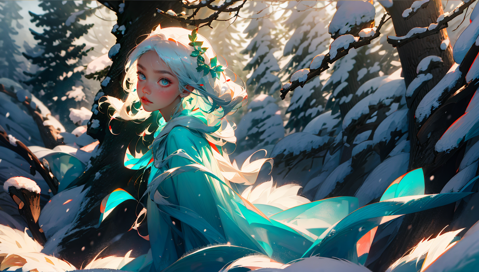 Anime 1536x872 AI art forest white hair nature sunlight snow winter anime girls looking at viewer trees earring branch blue eyes