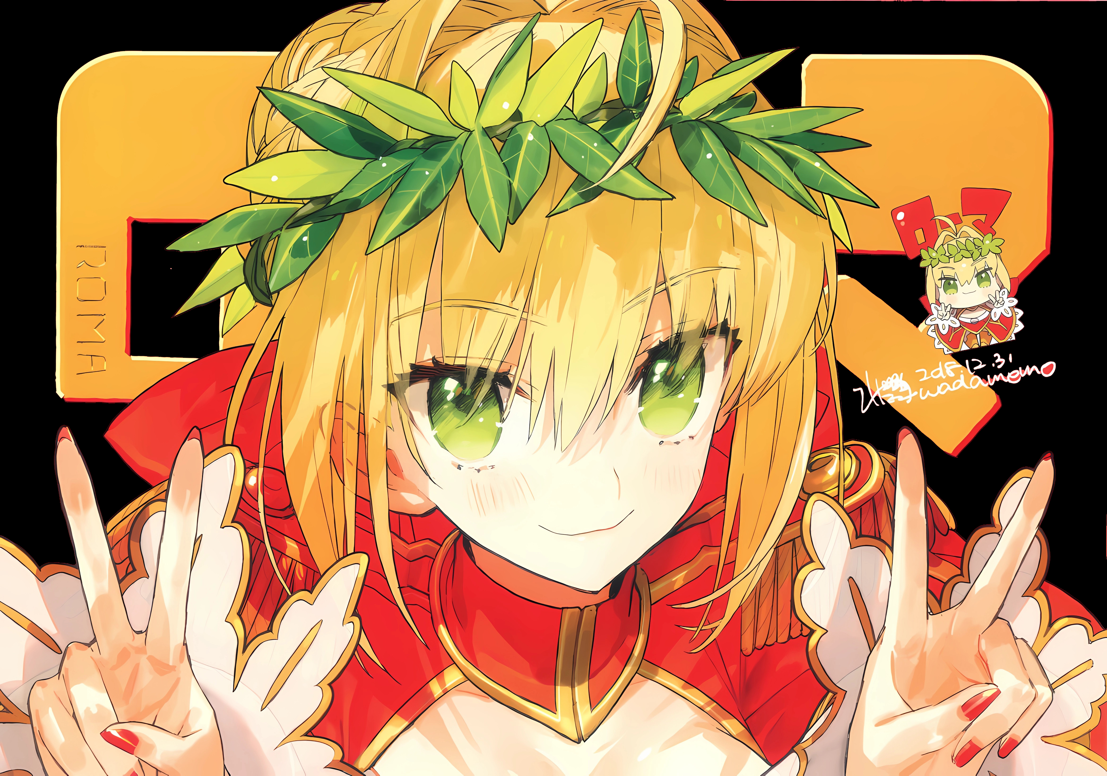Anime 4684x3284 Nero Claudius Fate/Grand Order Fate/Extra leaves looking at viewer smiling anime girls blonde green eyes peace sign Fate series
