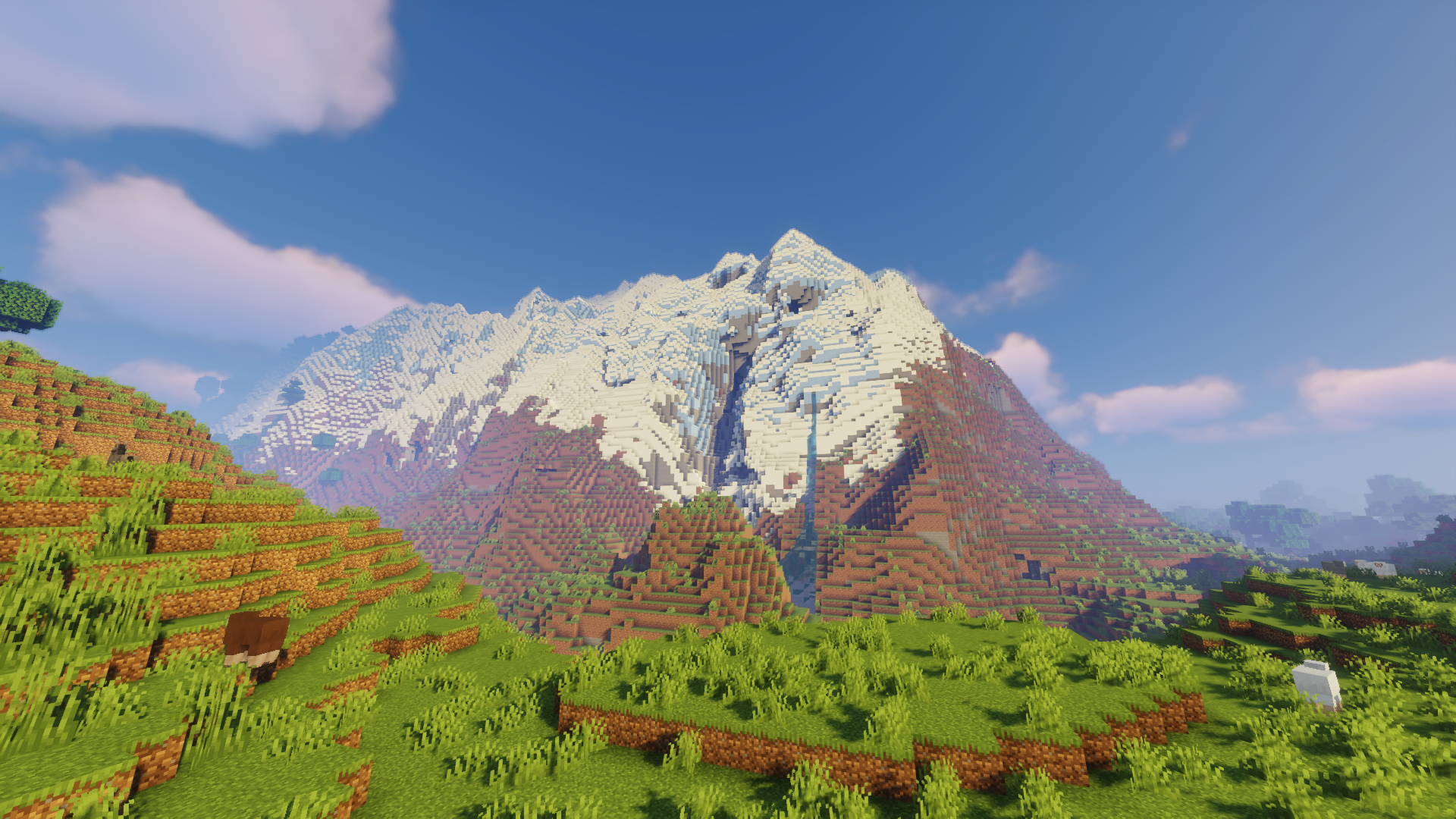 General 1920x1080 Minecraft video games morning mountain top grass sunlight cube mountains sky clouds snow shaders