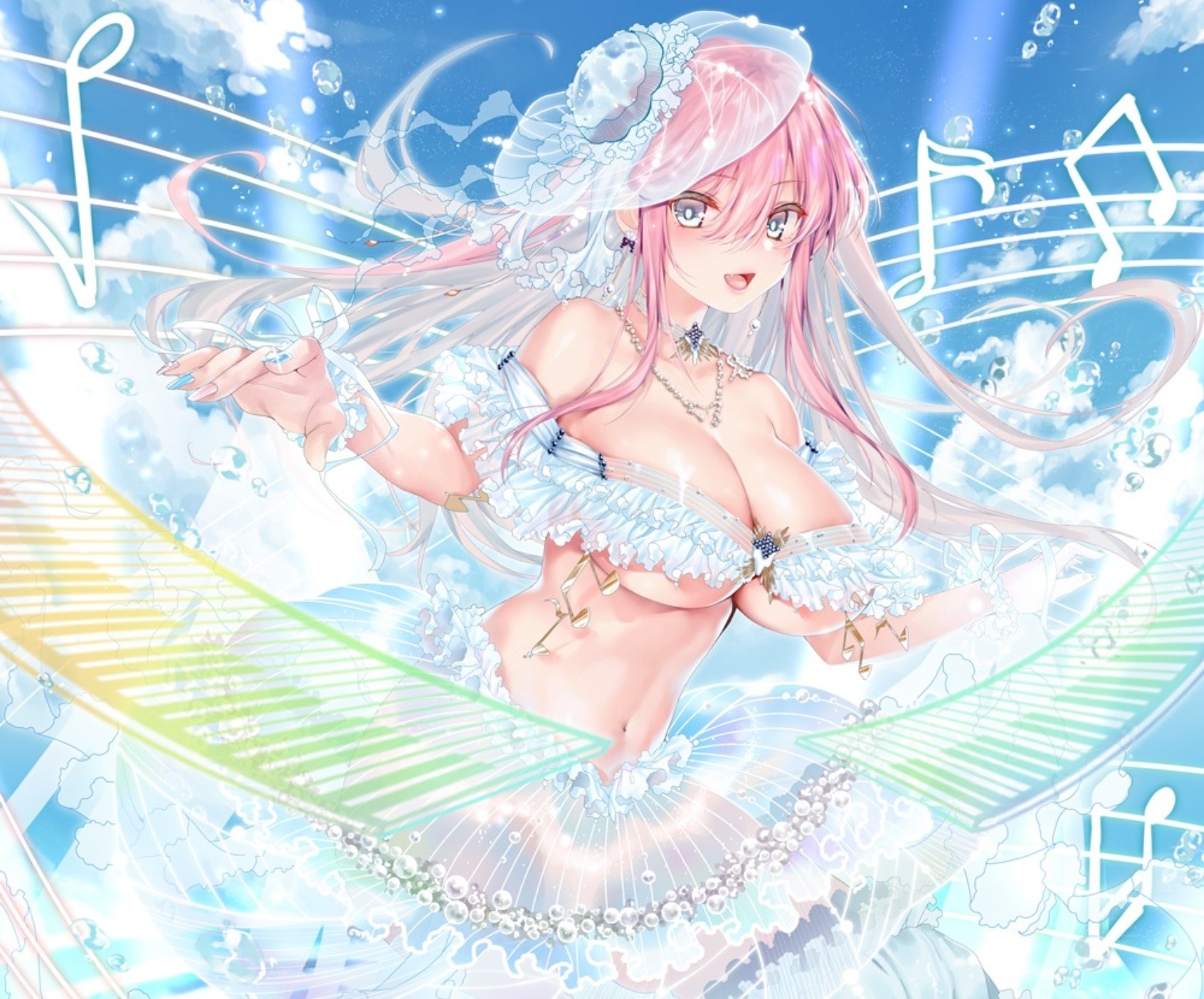Anime 1692x1404 anime mermaids anime girls big boobs necklace long hair musical notes piano looking at viewer pink hair clouds sky