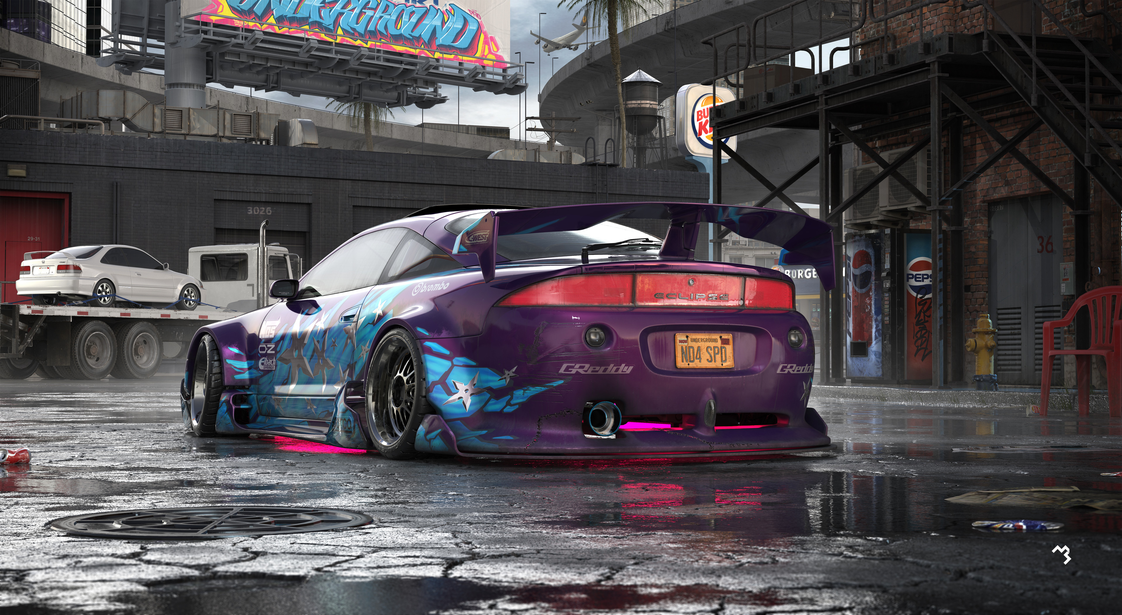 General 3840x2106 Mikhail Solovarov CGI digital art artwork vehicle car street Mitsubishi Eclipse GS-T tuning Mitsubishi Honda Civic concept art 4K bodykit Need for Speed Need for Speed: Underground rear view licence plates reflection Japanese cars