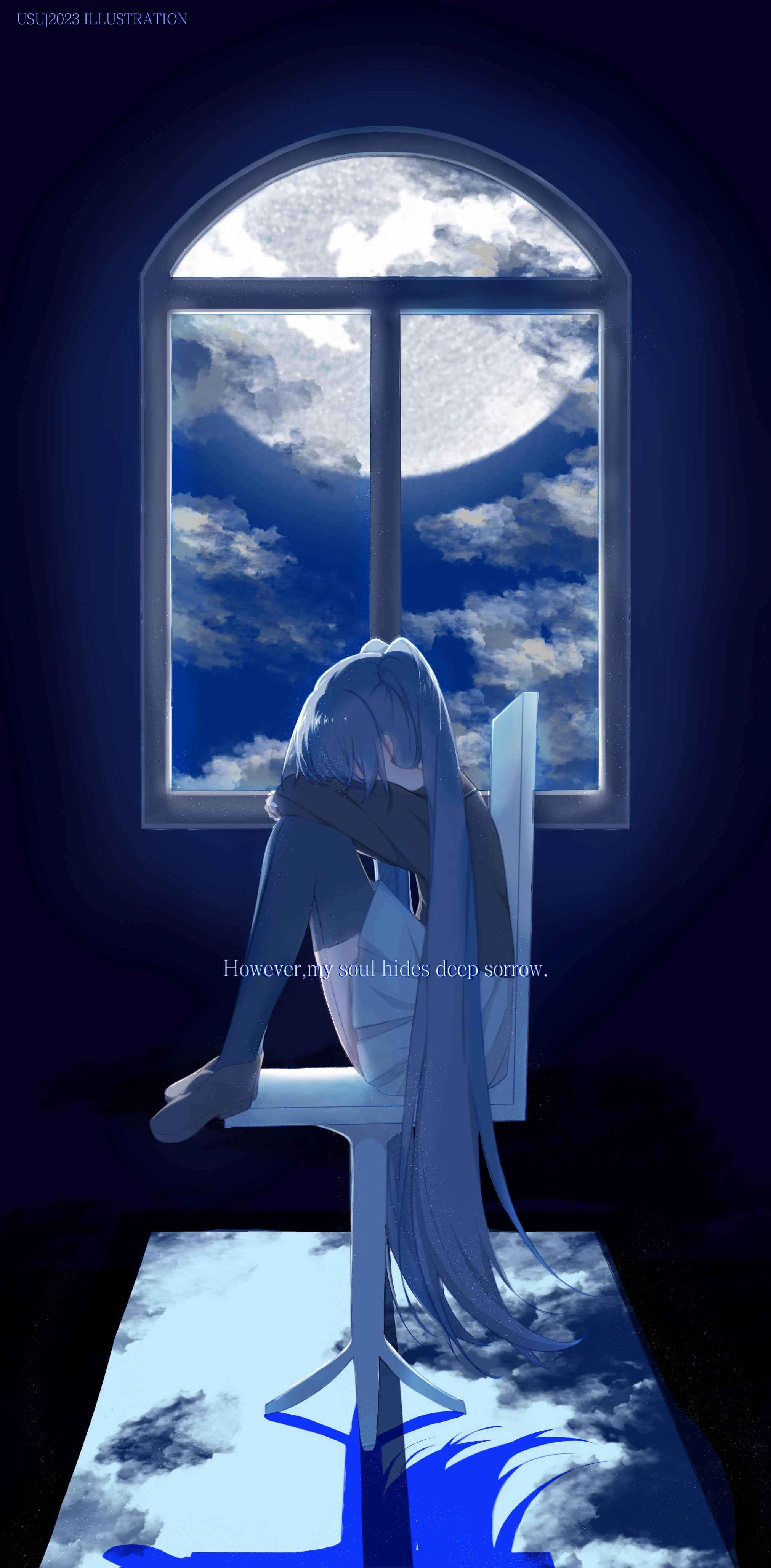 Anime 2023x4117 anime anime girls Vocaloid Hatsune Miku long hair twintails blue hair window Moon moonlight chair sitting skirt stockings frills text depressing watermarked clouds