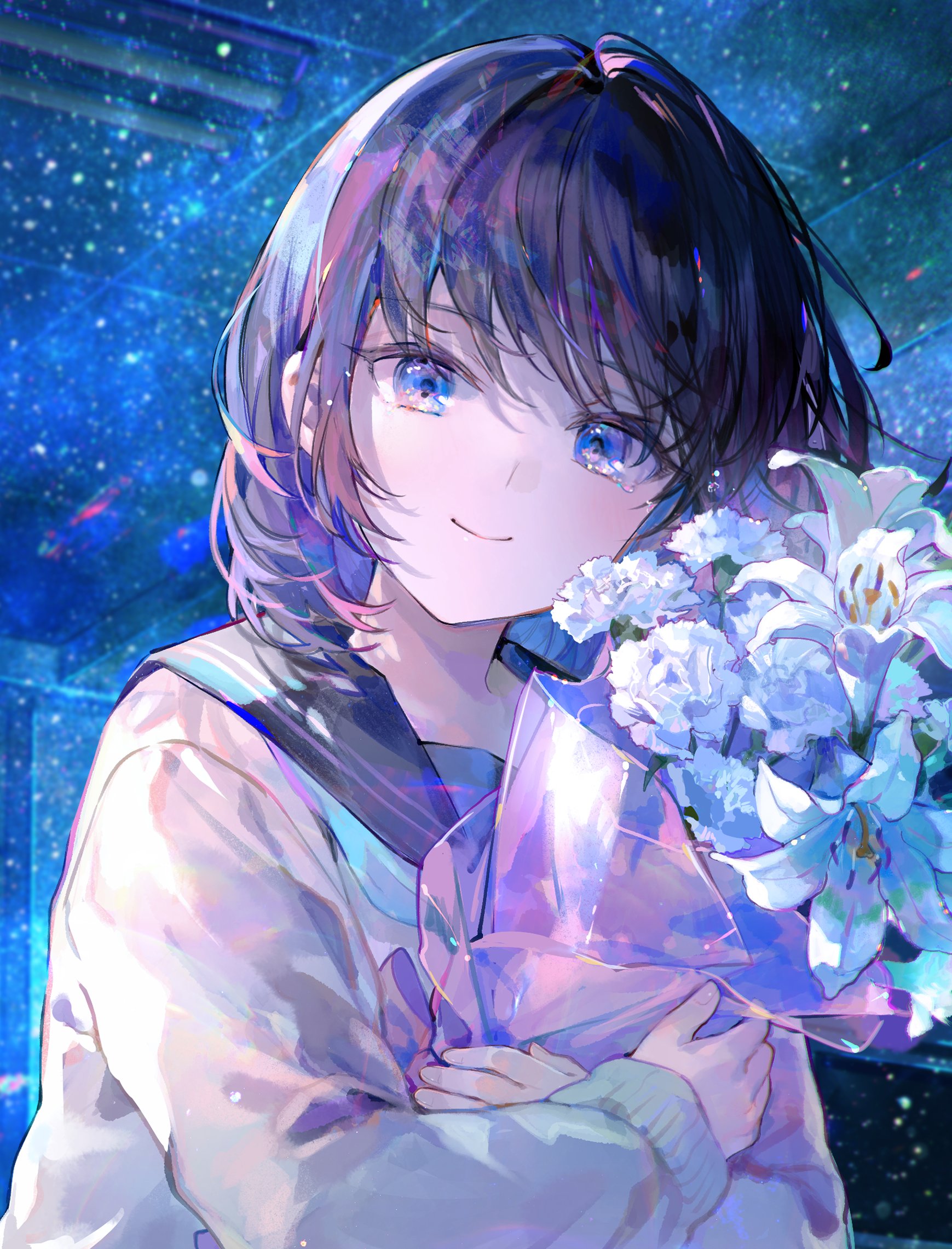 Anime 1739x2281 anime anime girls schoolgirl school uniform smiling flowers sky stars portrait display short hair looking at viewer blue eyes night tears Fuji Choko