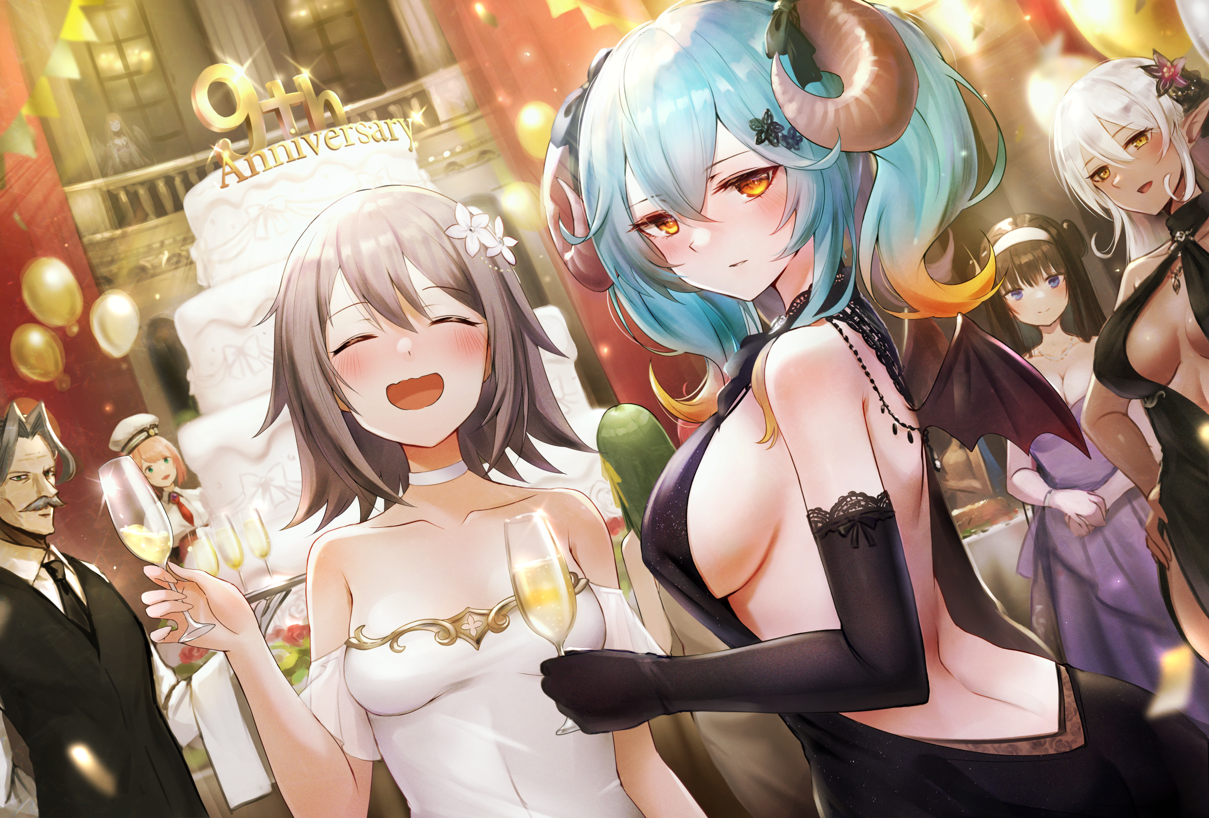 Anime 2418x1637 anime anime girls sideboob bareback closed eyes blushing drink open mouth champagne glass elbow gloves big boobs anniversary anime men moustache horns gradient hair two tone hair wings looking at viewer pointy ears choker flower in hair short hair long hair balloon hat stars cake