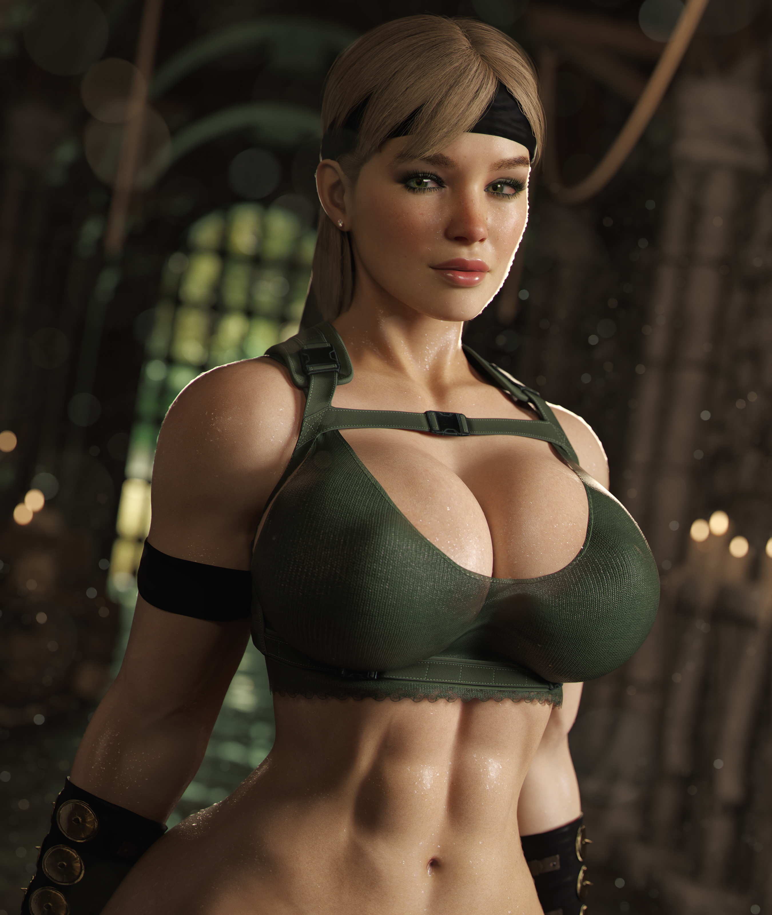 General 2700x3200 Apone3D Sonya Blade Mortal Kombat women video game girls CGI fan art digital art boobs fit body abs huge breasts video games video game characters looking at viewer blue eyes closed mouth standing portrait display cleavage indoors women indoors blurred blurry background candles