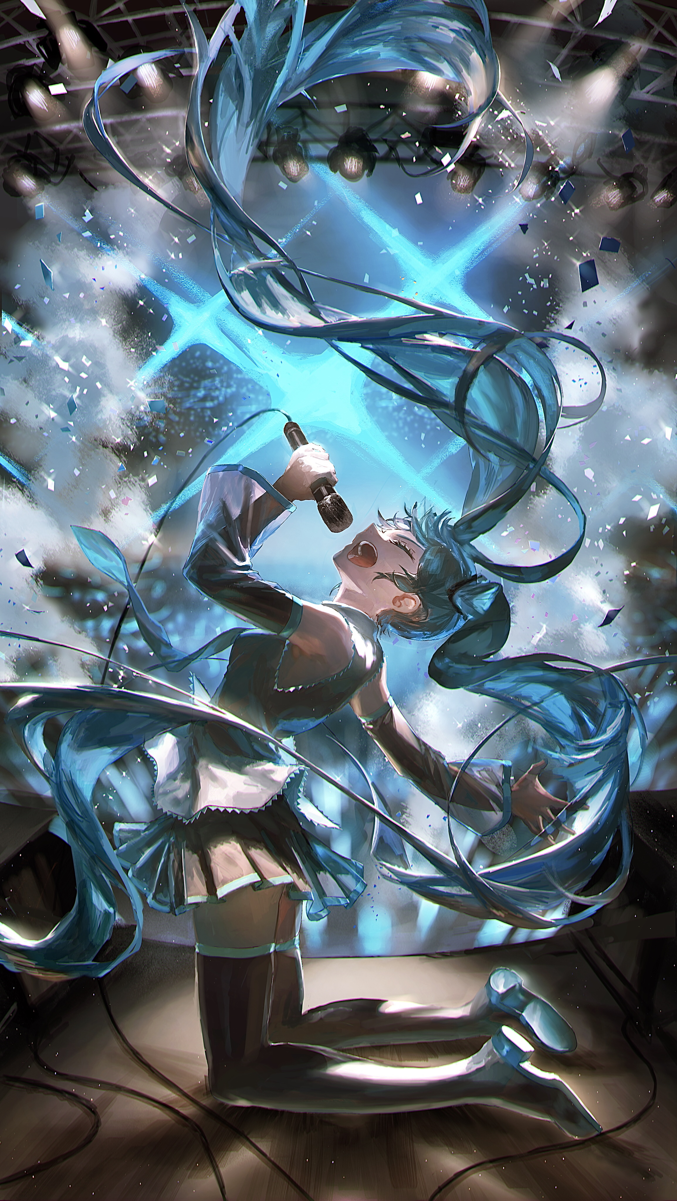 Anime 2308x4096 anime anime girls Hatsune Miku Vocaloid long hair twintails blue hair closed eyes microphone singing stages stage light open mouth skirt frills stars wires