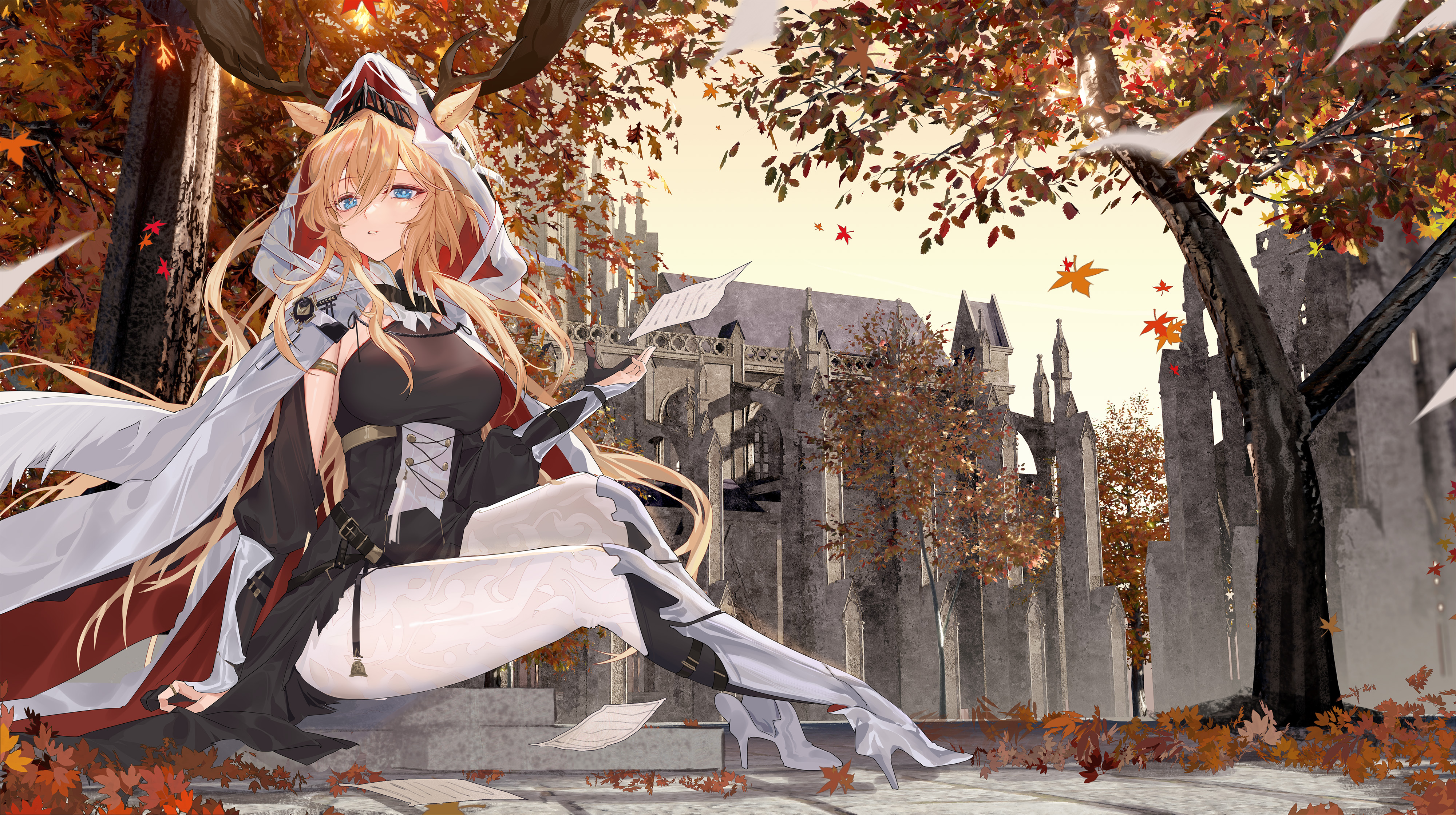 Anime 4000x2240 anime anime girls The Candle Knight Viviana (Arknights) long hair blonde blue eyes sitting heels fall leaves building cathedral paper fox girl fox ears hoods