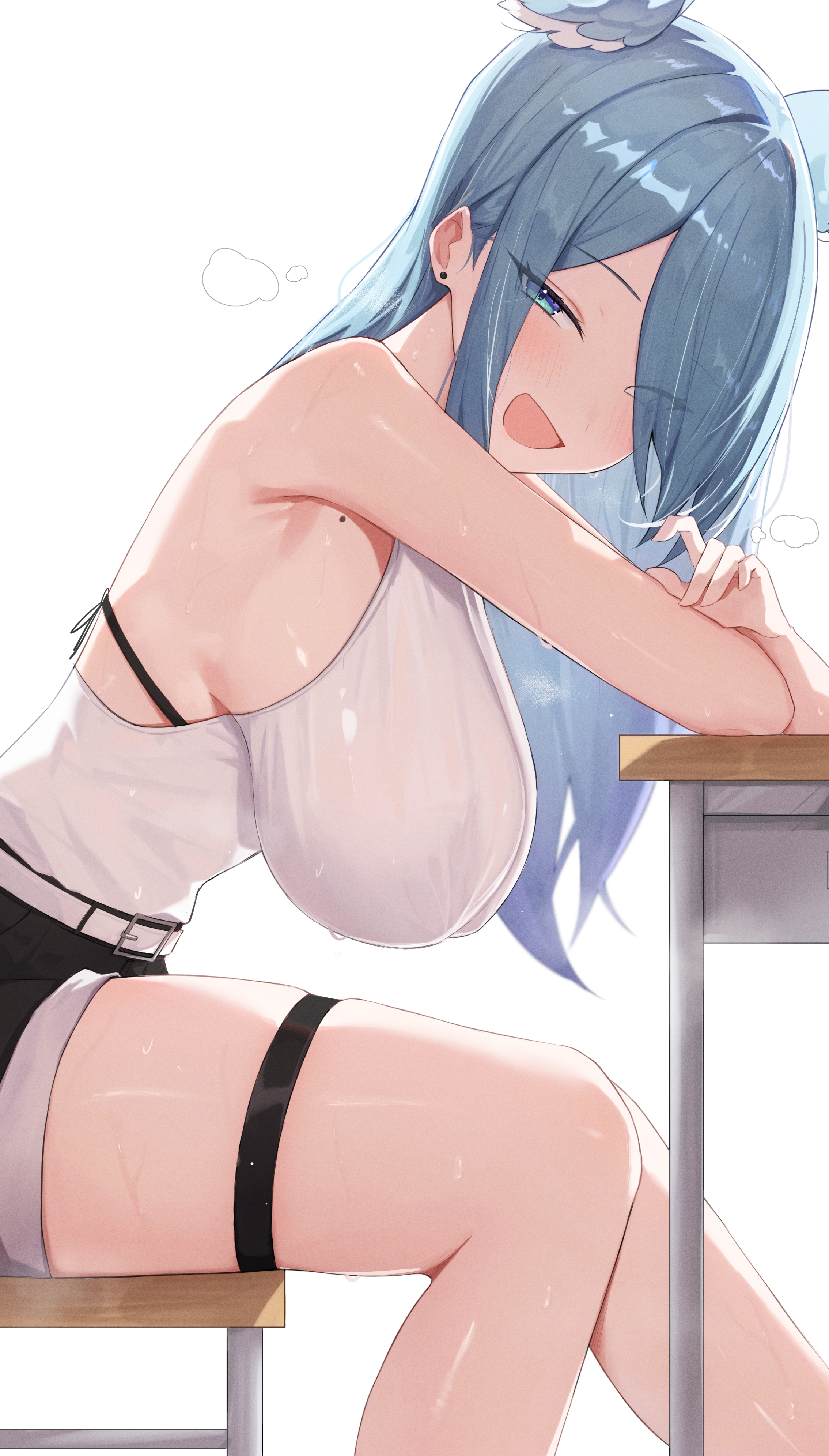 Anime 2268x3981 anime anime girls long hair blue hair blue eyes hair over one eye sitting table desk sideboob huge breasts moles mole on breast earring hanging boobs sweat open mouth looking at viewer bent legs simple background Virtual Youtuber Nijisanji Elira Pendora leg ring chair Skindentation