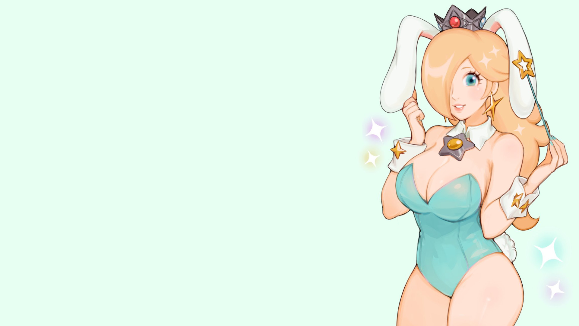 Anime 1920x1080 big boobs Nintendo blonde long hair blue eyes earring simple background bangs blunt bangs leotard blue leotard sleeveless shirtless collar wands bunny girl bunny ears thighs thighs together stars video game girls bare shoulders crown cleavage Princess Rosalina sleeveless cuffs bunny suit video games minimalism hair over one eye smiling looking at viewer