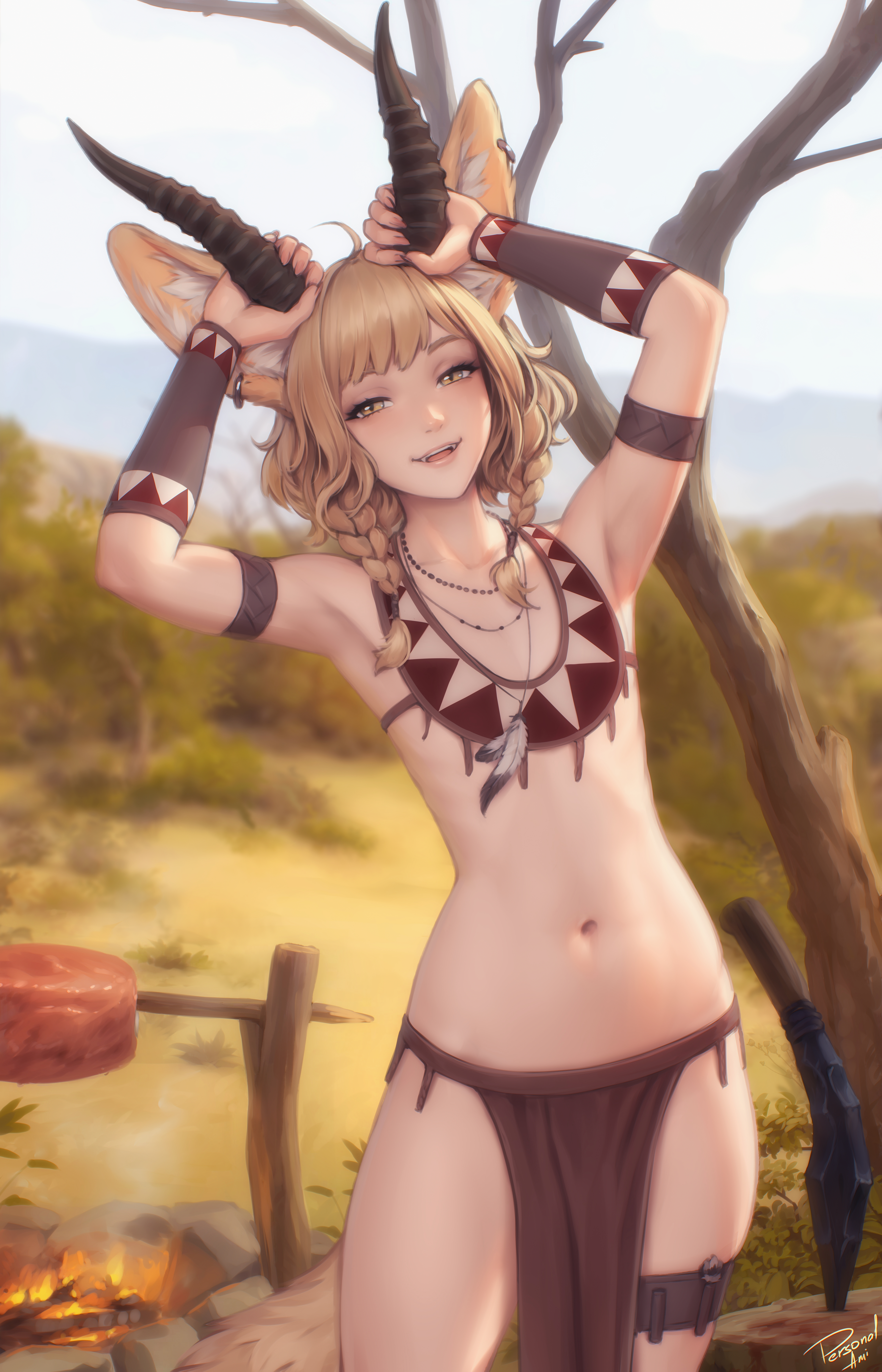 Anime 4500x7000 Khiara (OC) anime original characters blonde portrait display horns meat fantasy girl knife bonfires artwork drawing Personal ami boobs small boobs anime girls pointy ears standing smiling looking at viewer armpits fire food yellow eyes braids signature
