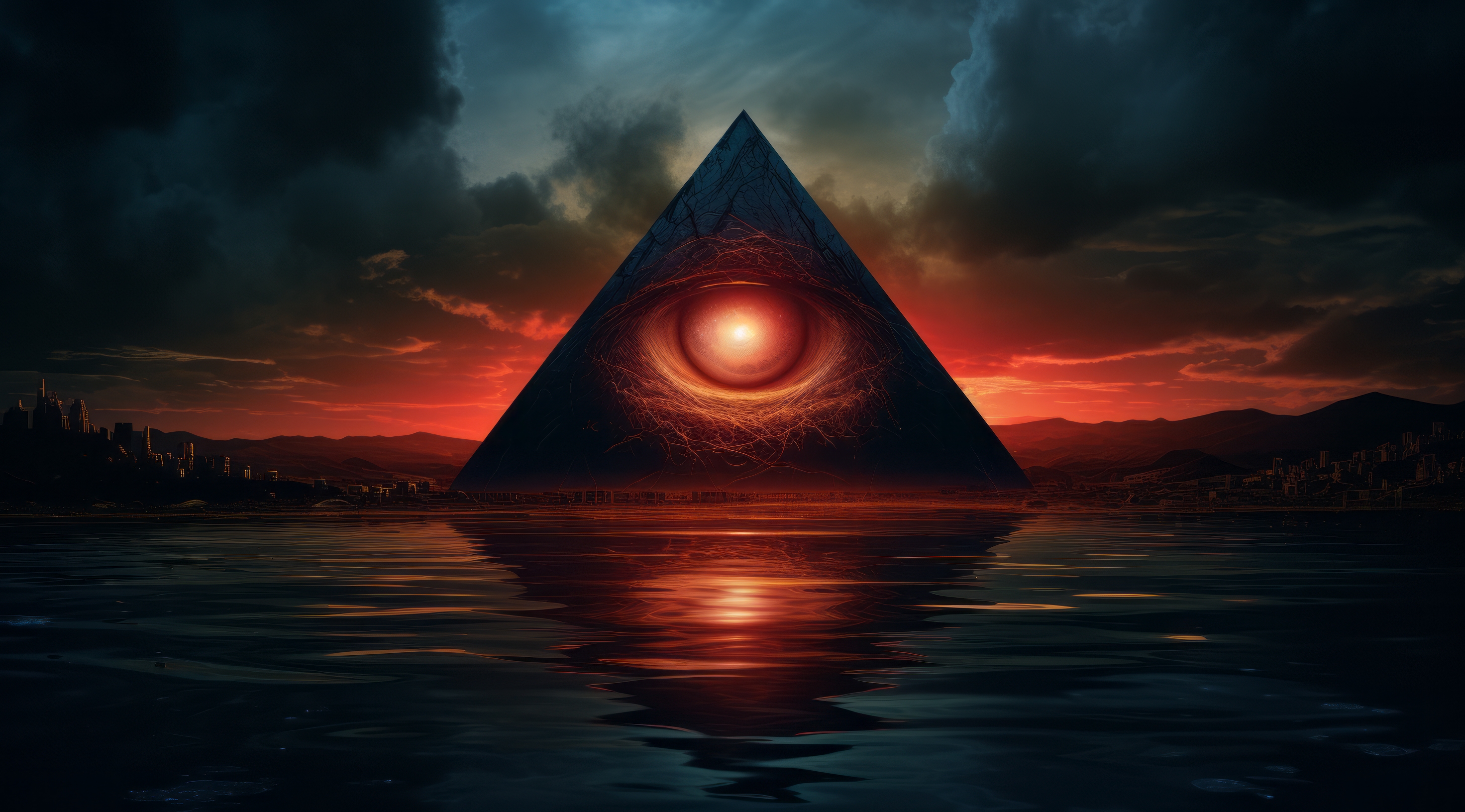 General 2944x1632 AI art eyes pyramid Eye of Providence clouds water digital art sky Illuminati reflection
