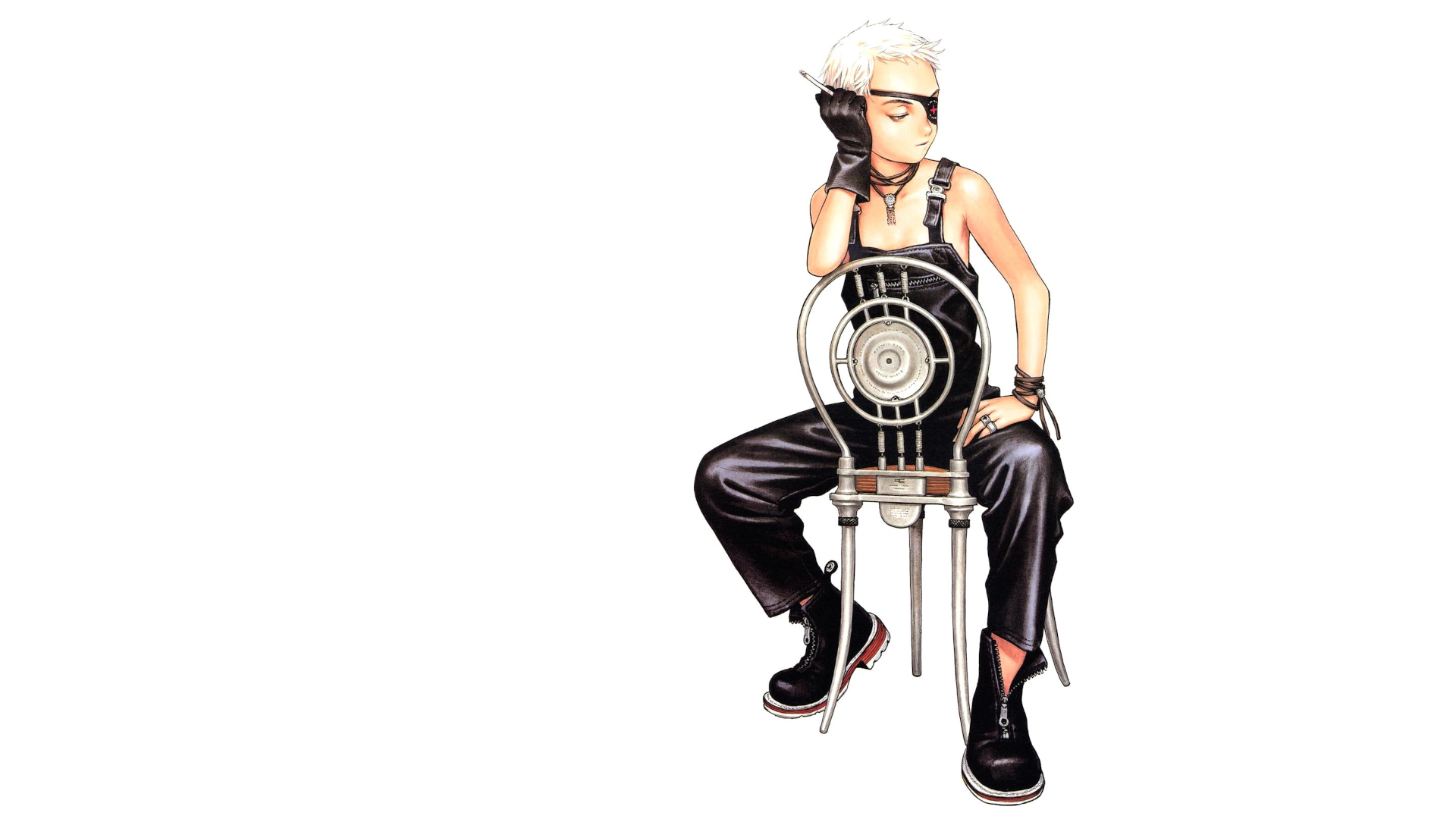 Anime 1920x1080 Murata Range manga simple background chair white background gloves cigarettes eyepatches boots sitting rings necklace minimalism anime girls looking away