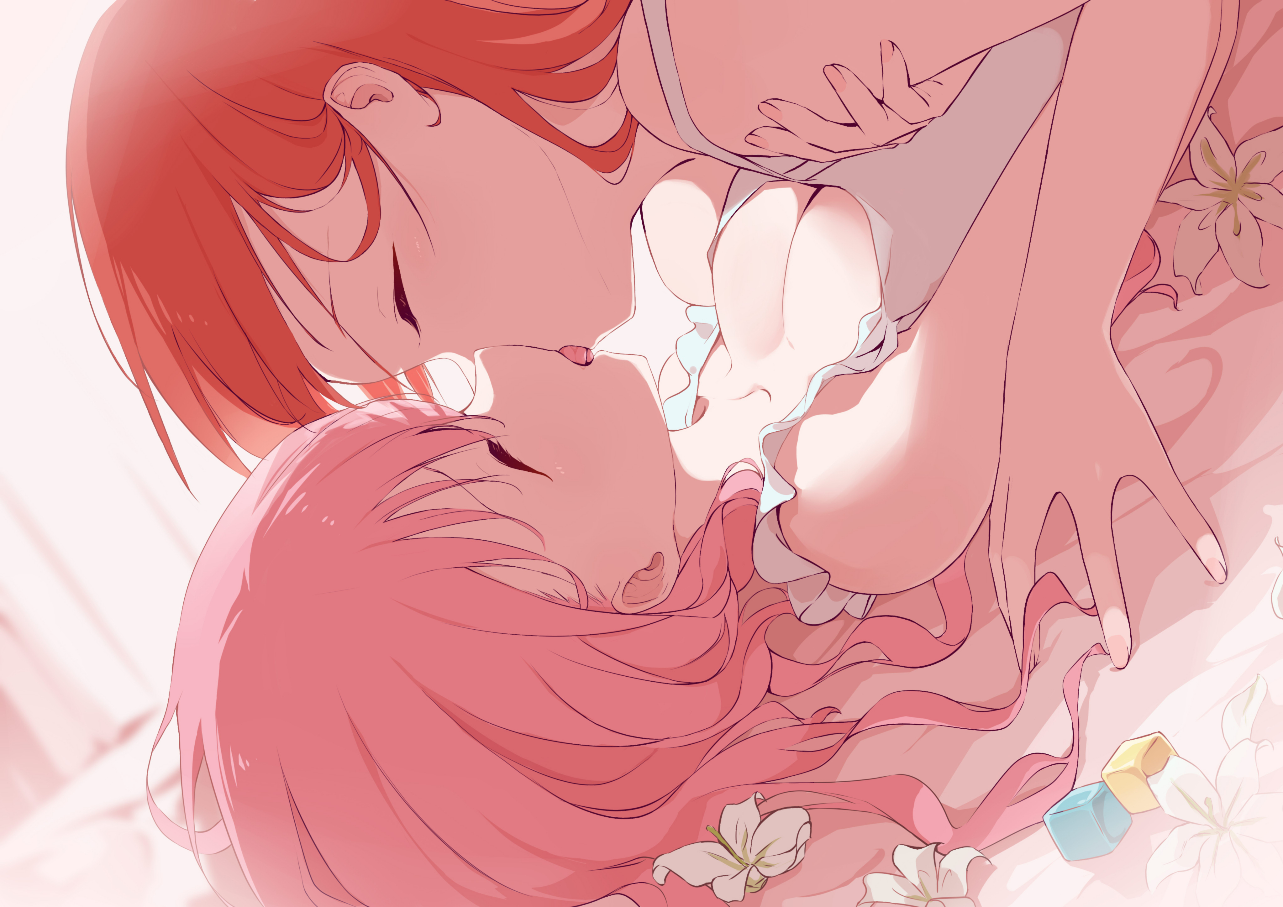 Anime 4093x2894 anime anime girls BOCCHI THE ROCK! kissing Kita Ikuyo Gotou Hitori tongue out yuri lesbians closed eyes cleavage big boobs flowers