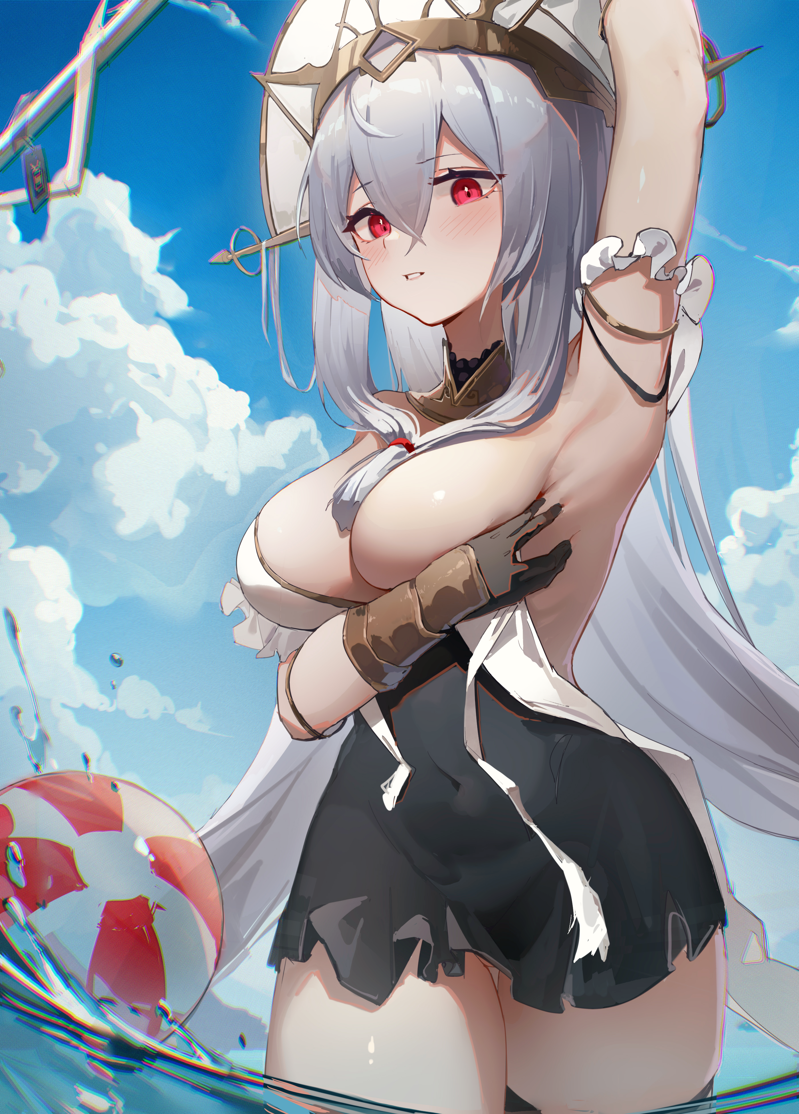 Anime 2800x3900 Arknights Skadi (Arknights) big boobs red eyes white hair portrait display anime girls armpits standing standing in water one arm up long hair beach ball blushing looking at viewer water spread armpit clouds
