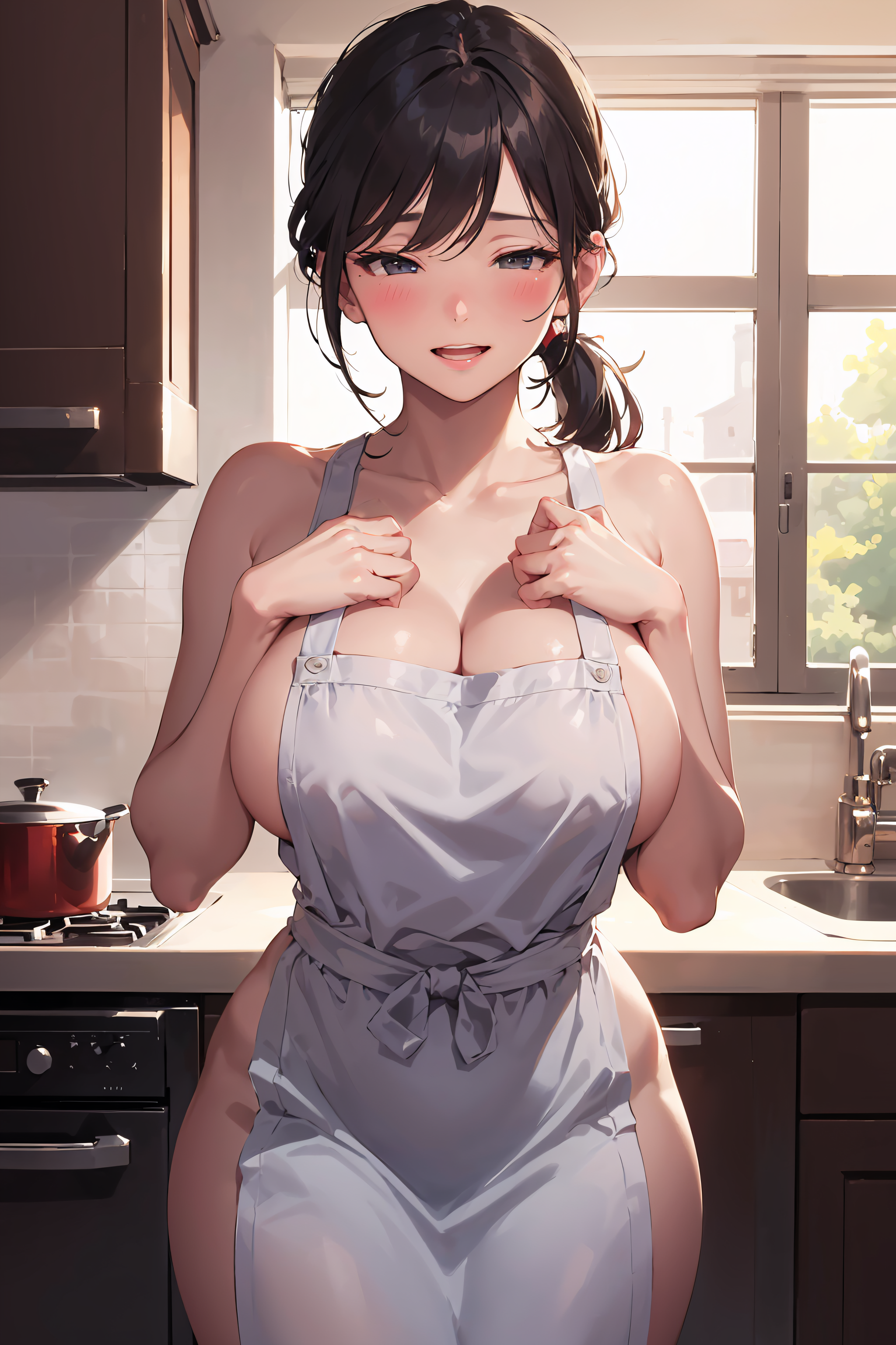 Anime 2048x3072 panwho AI art big boobs naked apron kitchen looking at viewer anime girls digital art sideboob cleavage thighs portrait display window sunlight blushing cabinets sink standing