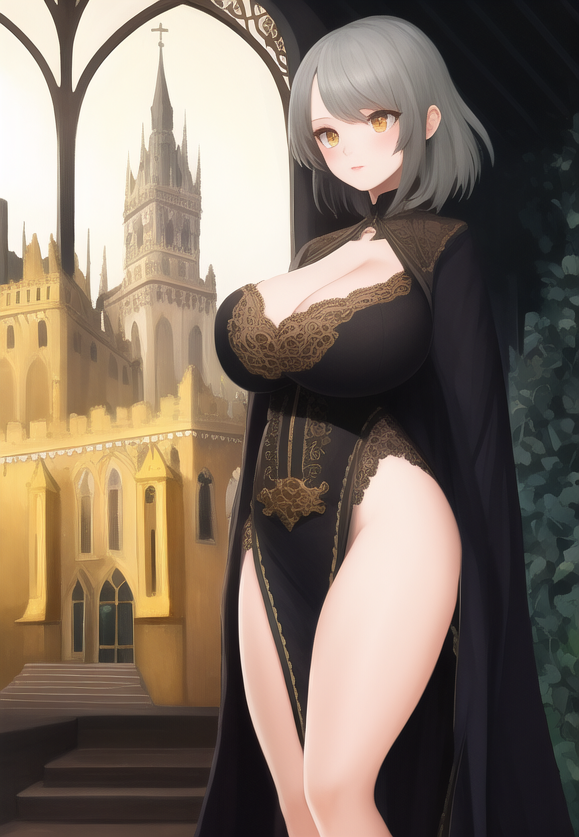 panwho, standing, nuns, thighs, cleavage, big boobs, looking away, women  indoors, AI art, portrait display, digital art, anime girls, nun outfit,  church, blushing, silver hair, yellow eyes, indoors, nopan, architecture