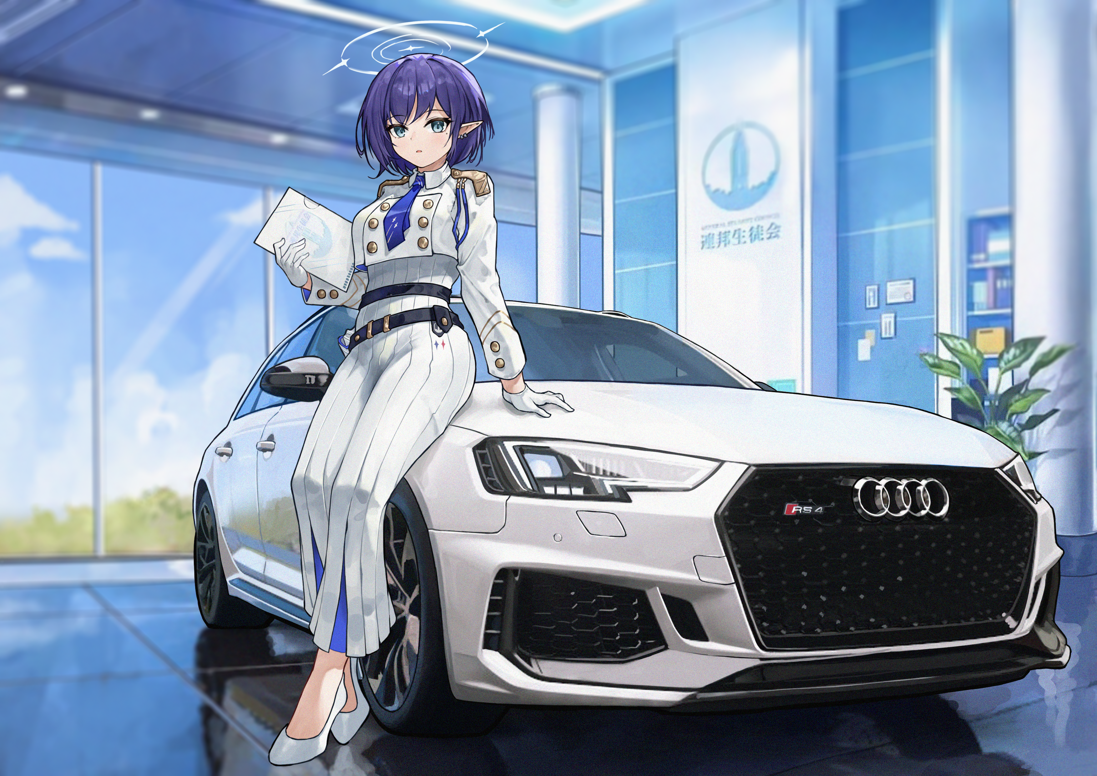 Anime 3508x2480 legs uniform Audi car white cars short hair white shoes blue eyes pointy ears white gloves sitting on car purple hair earring Audi RS4 frontal view Aoi (Blue Archive) gloves Blue Archive anime girls vehicle looking at viewer