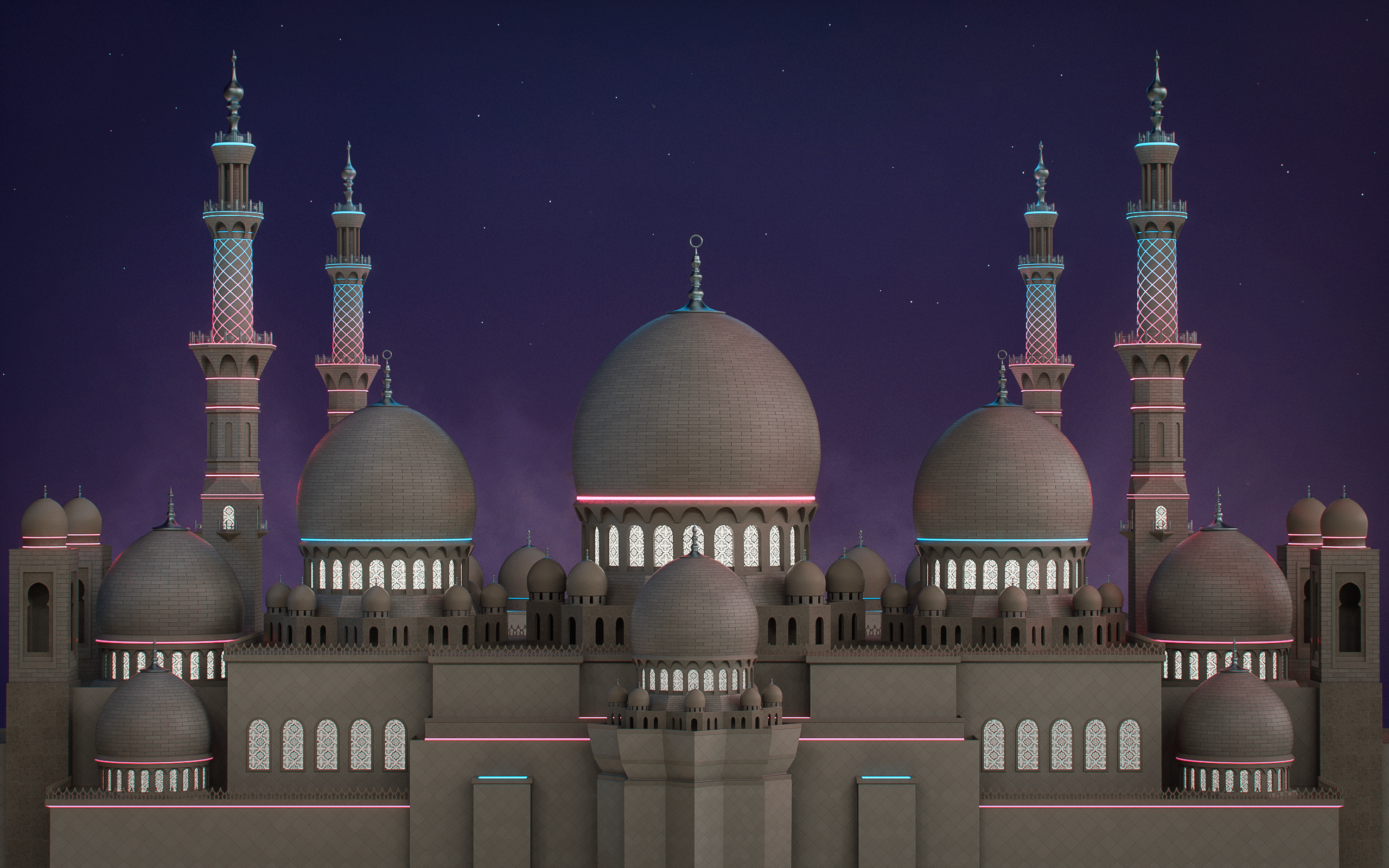 General 2560x1600 neon Arabic architecture tower palace night stars Cinema 4D abstract 3D Abstract smoke dust digital art CGI Alex Agreto building Sheikh Zayed BinSultan Nahyan Mosque Zayed Mosque
