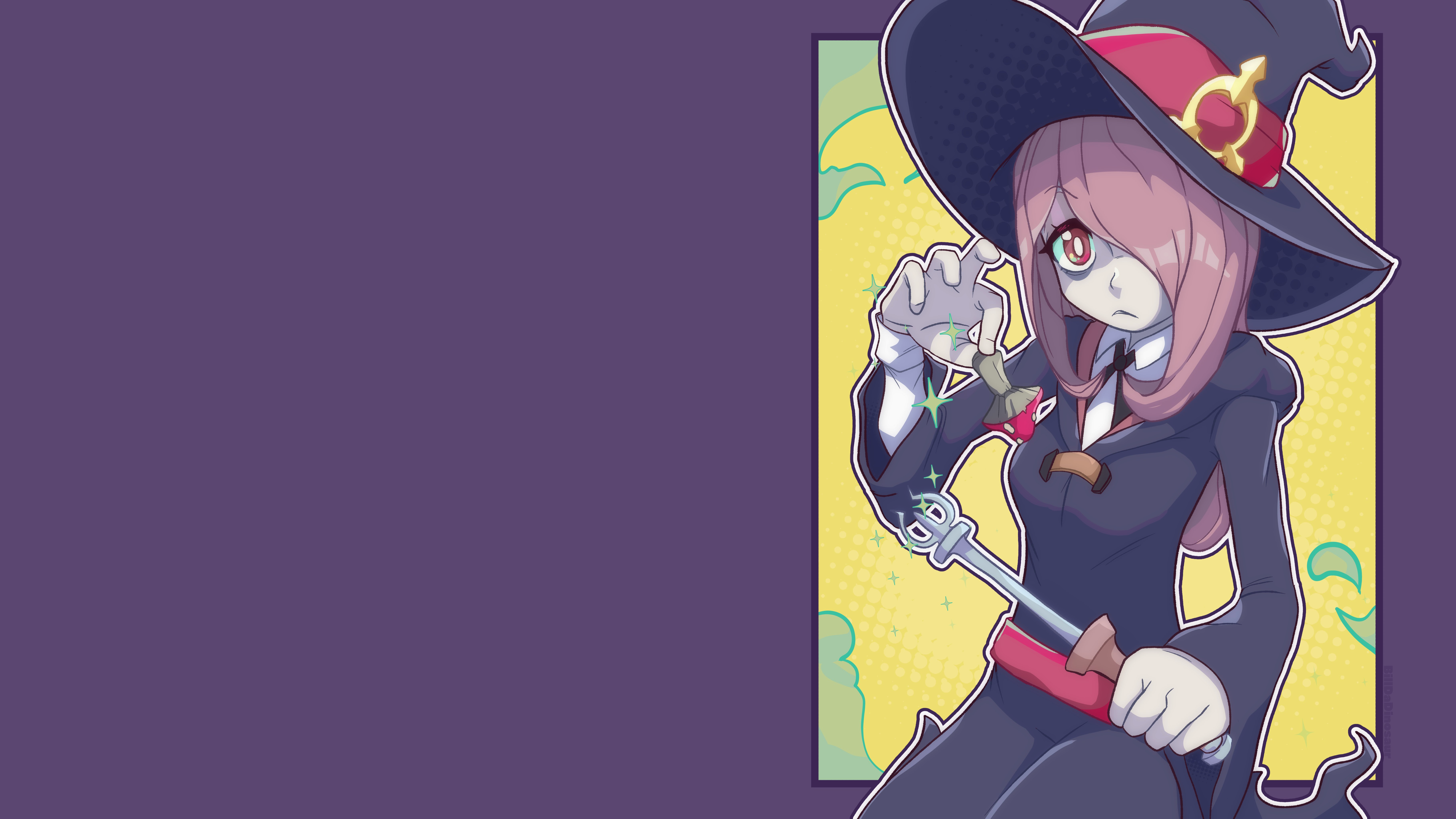 Anime 7282x4096 Little Witch Academia witch Luna Nova uniform robes pale red eyes bangs blunt bangs anime girls purple hair wands ribbon purple eyeshadow Sucy Manbavaran frown simple background hat minimalism mushroom small boobs witch hat hair over one eye stars long hair closed mouth uniform