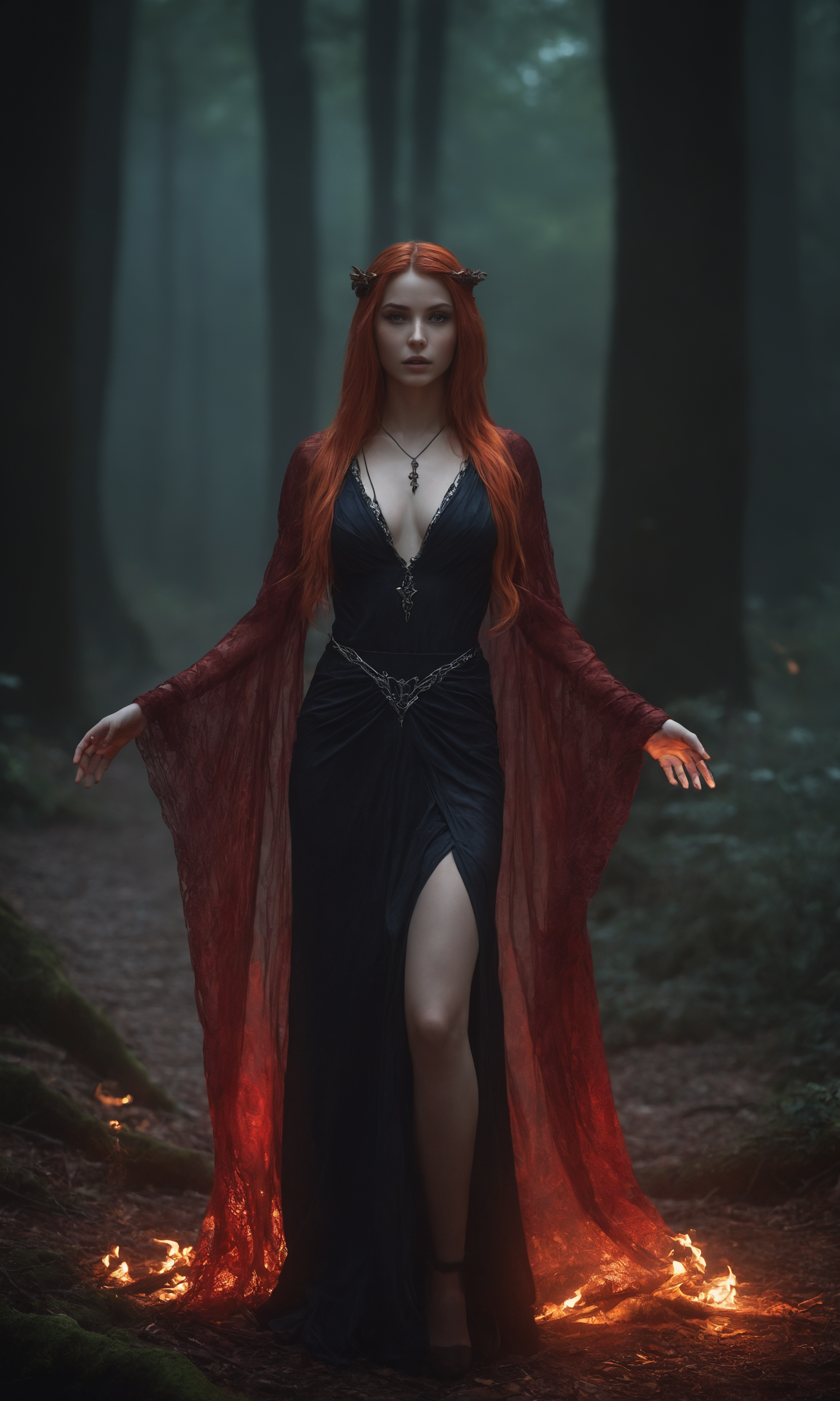 General 1536x2560 AI art Stable Diffusion women witch forest sorceress redhead dark dark fantasy digital art portrait display standing looking at viewer trees necklace dress cleavage depth of field fire long hair robes