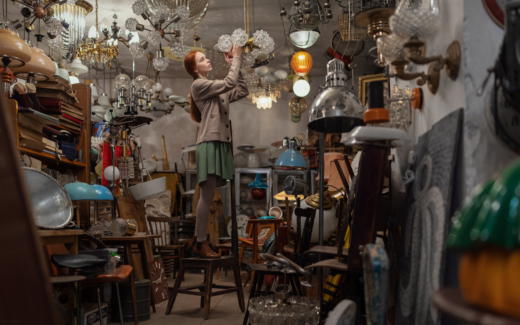 People 2048x1280 Maxim Guselnikov women redhead casual lamp chandeliers messy