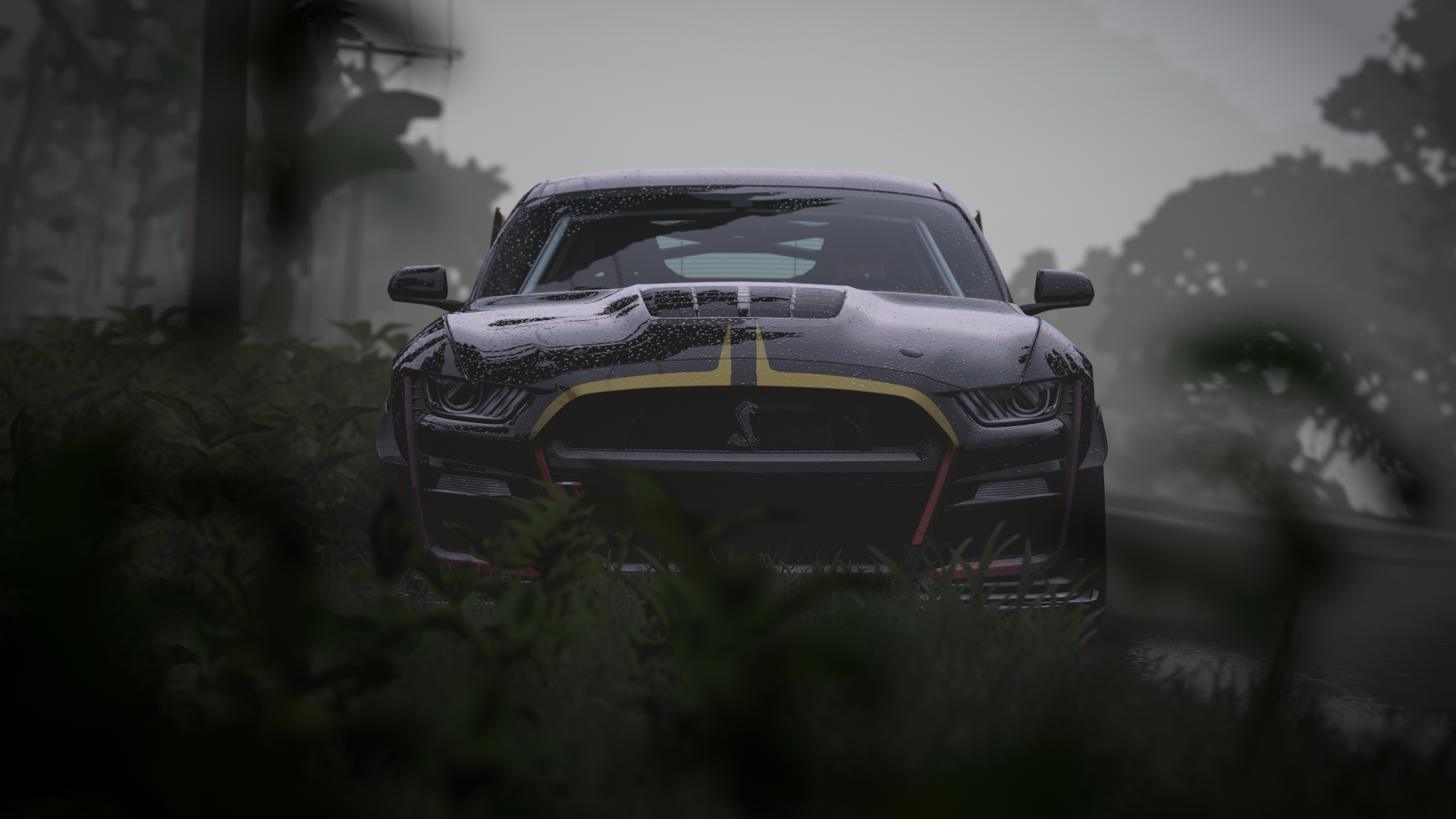 General 1920x1080 Forza Horizon 5 trees CGI vehicle Ford Ford Mustang muscle cars American cars frontal view PlaygroundGames car video games leaves wet rain water video game art screen shot
