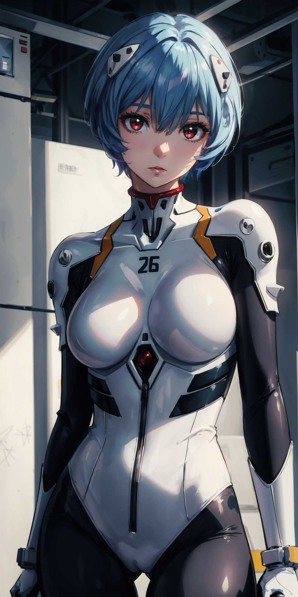 Anime 1000x2000 Ayanami Rei EVA Unit 02 Stable Diffusion AI art digital art portrait display short hair anime girls looking at viewer bodysuit standing blue hair red eyes frown sunlight plugsuit