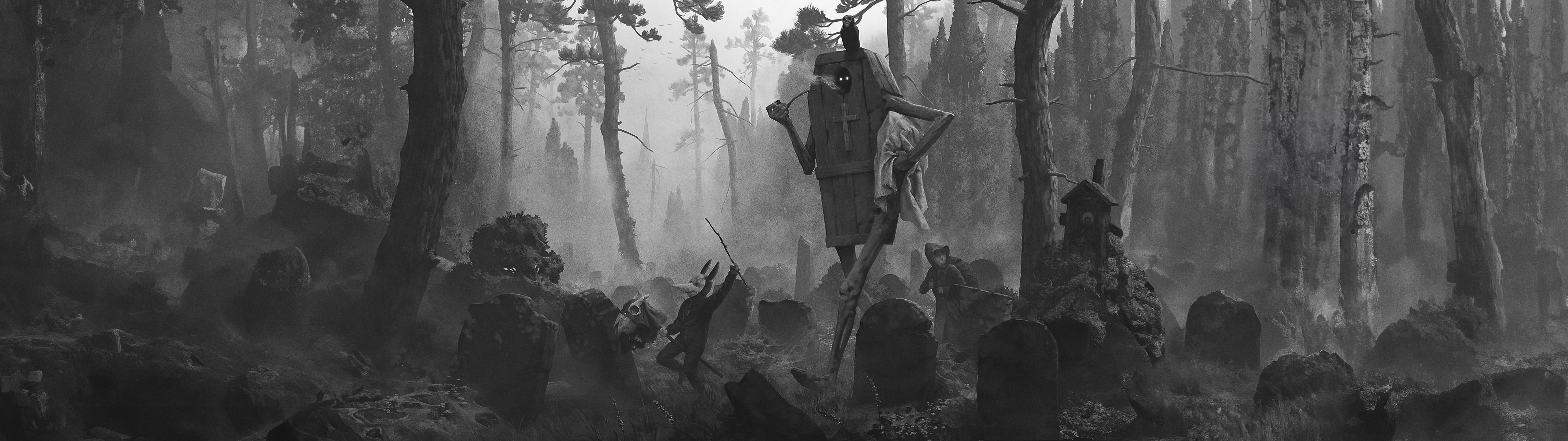 General 7113x2000 Konstantin Kostadinov artwork Halloween forest trees coffins digital art ultrawide monochrome