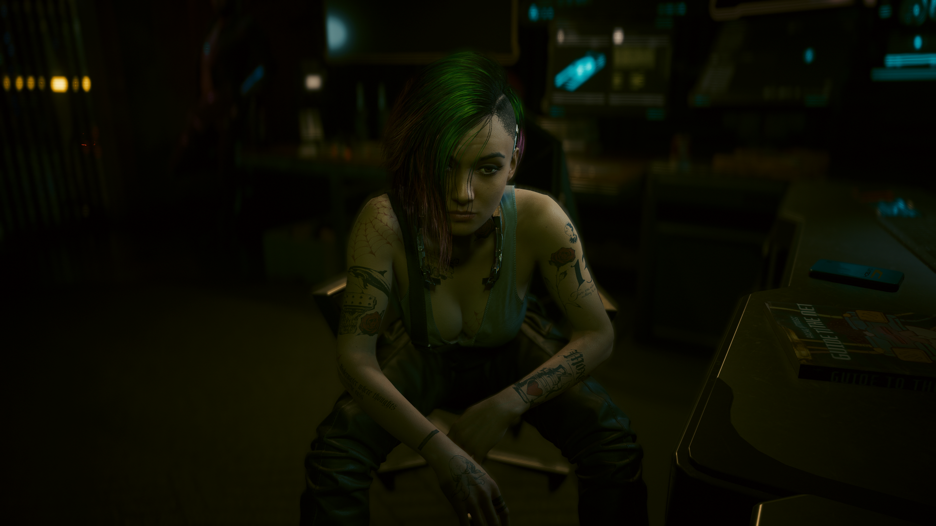 General 1920x1080 cyberpunk Cyberpunk 2077 Judy Alvarez video games tattoo cleavage looking at viewer sitting video game art screen shot video game girls night video game characters CGI CD Projekt RED POV hair over one eye chair blurred blurry background leaning closed mouth