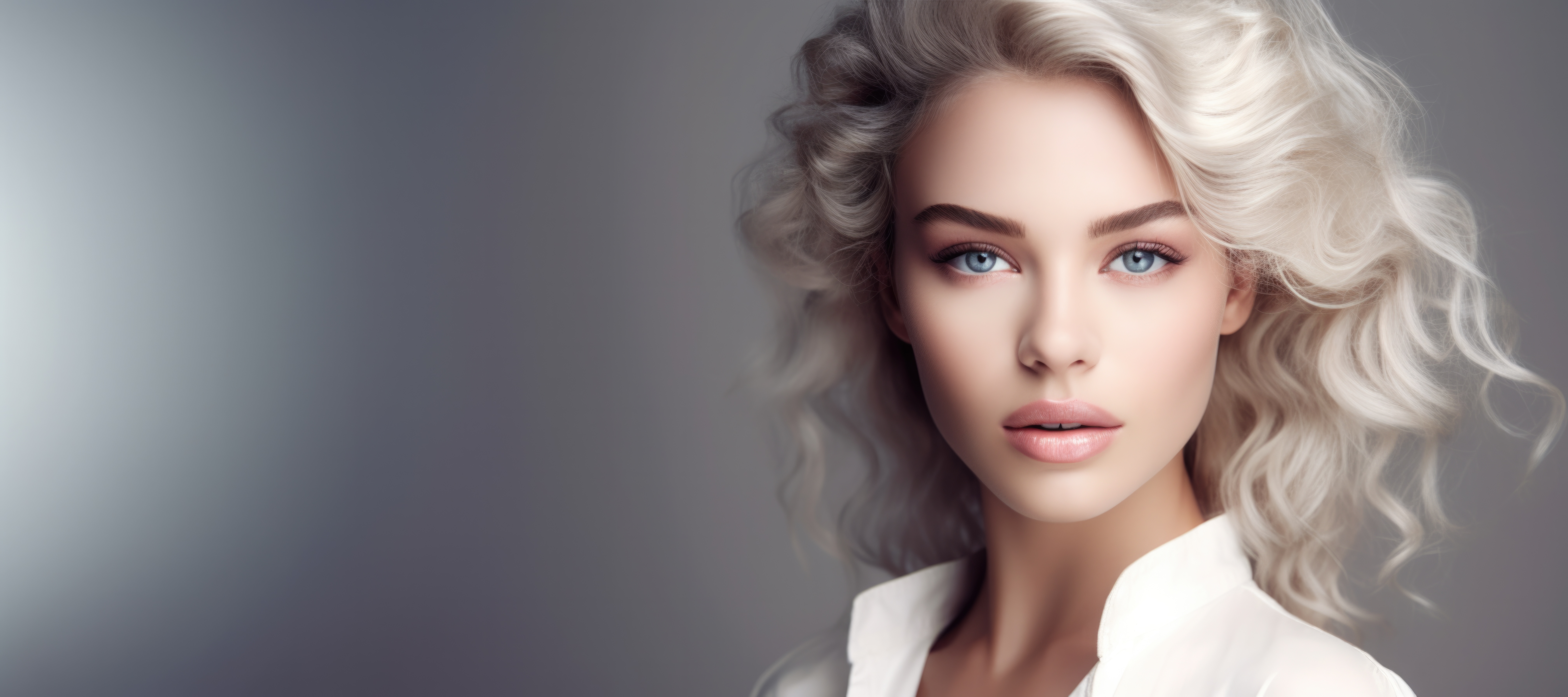 People 8064x3584 women face simple background gray background blonde curly hair lips blue eyes white blouse women indoors indoors looking at viewer AI art