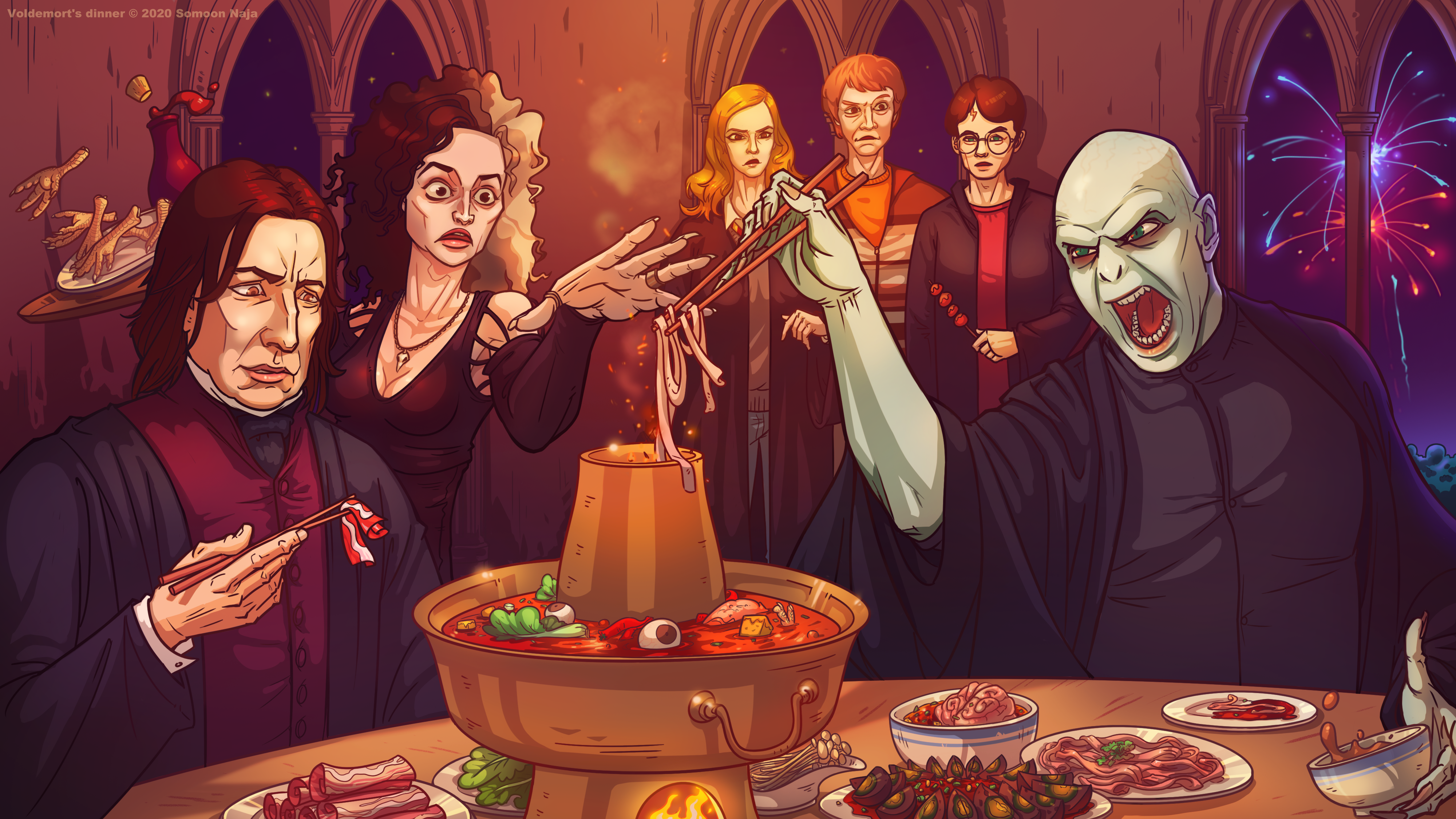 General 4000x2250 Lord Voldemort artwork Hermione Granger food book characters table chopsticks Ron Weasley watermarked Harry Potter 2020 (Year) Severus Snape Bellatrix Lestrange teeth open mouth fireworks two tone hair plates night cup drink tray dress cleavage necklace