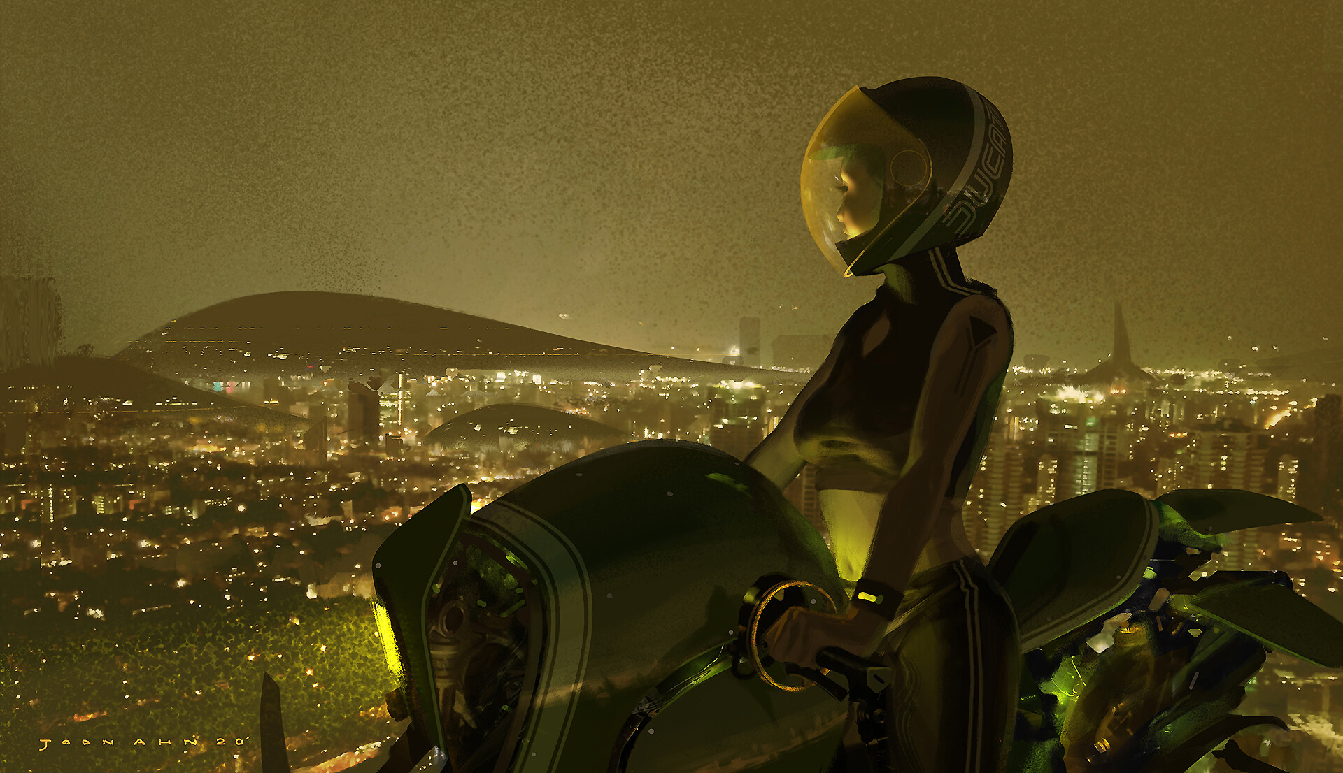 General 1920x1106 women motorcycle city digital art helmet cityscape lights night science fiction motorbike helmet