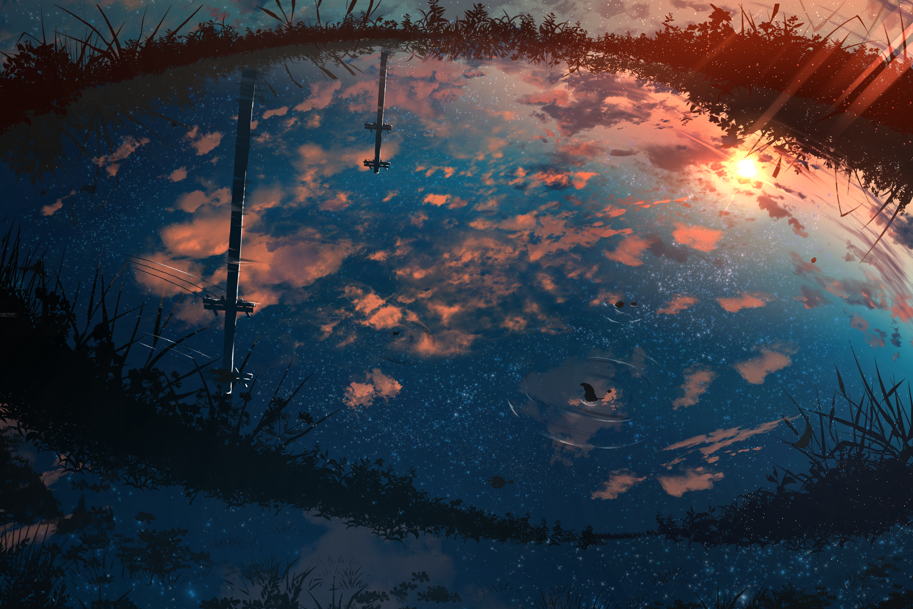 Anime 2987x1995 anime lake stars sunset artwork digital art moescape