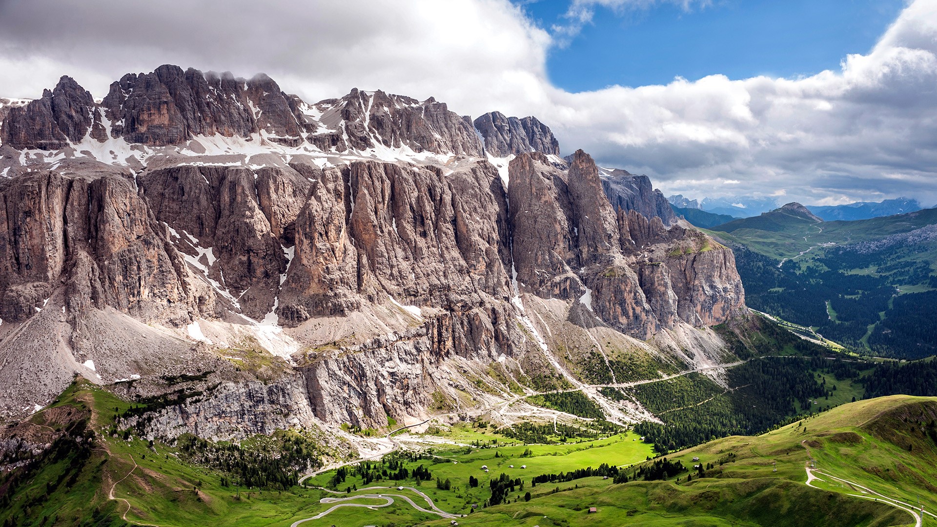 General 1920x1080 nature landscape sky clouds trees forest road hairpin turns rocks snowy mountain aerial view drone photo Dolomites Italy