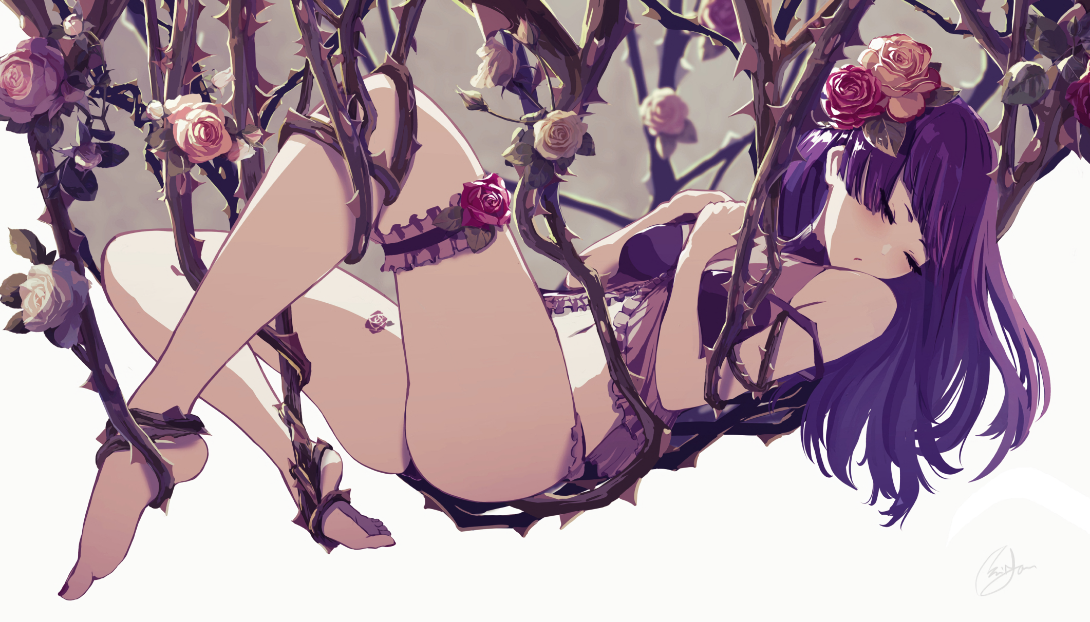 Anime 2122x1212 THE iDOLM@STER barefoot flowers long hair purple hair closed eyes thigh-highs rose belly button sleeping tattoo
