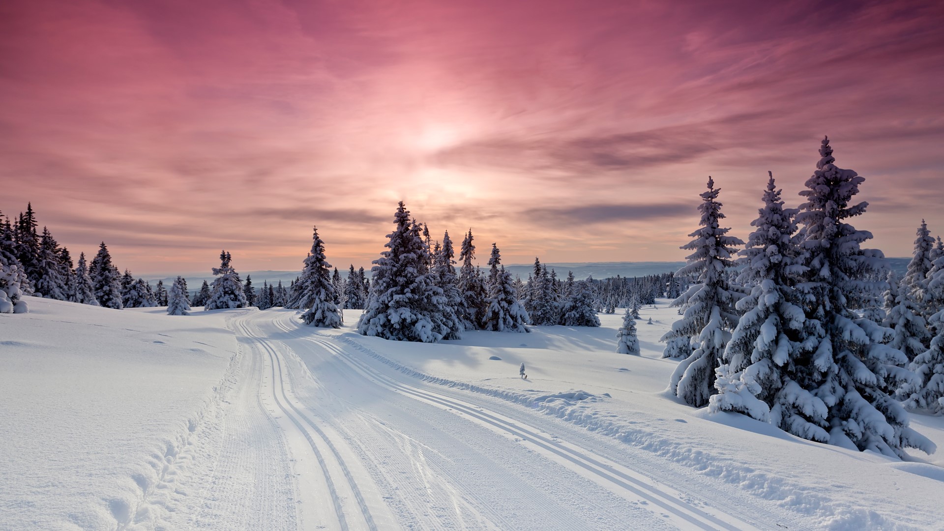 General 1920x1080 landscape nature sky clouds trees forest snow mountains snow tracks winter plants sunset Norway