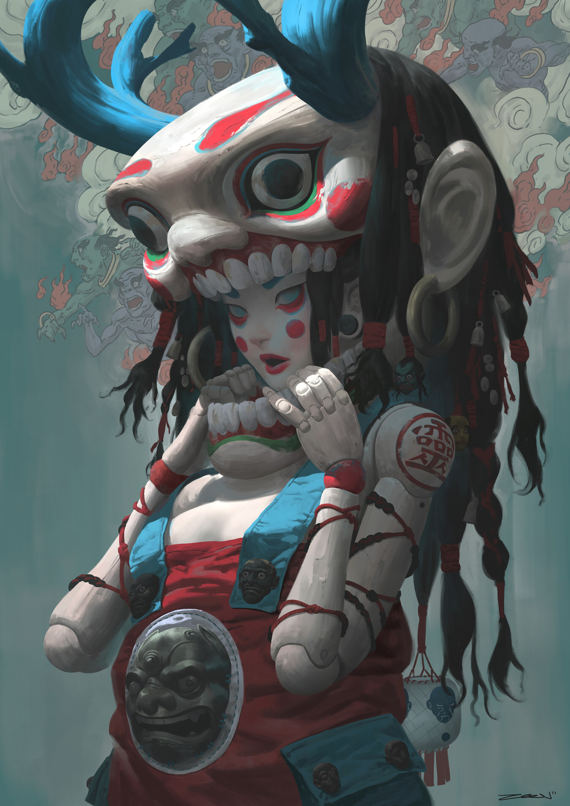 General 1920x2716 women eastern mask oni demon doll bells Zeen Chin digital art portrait display