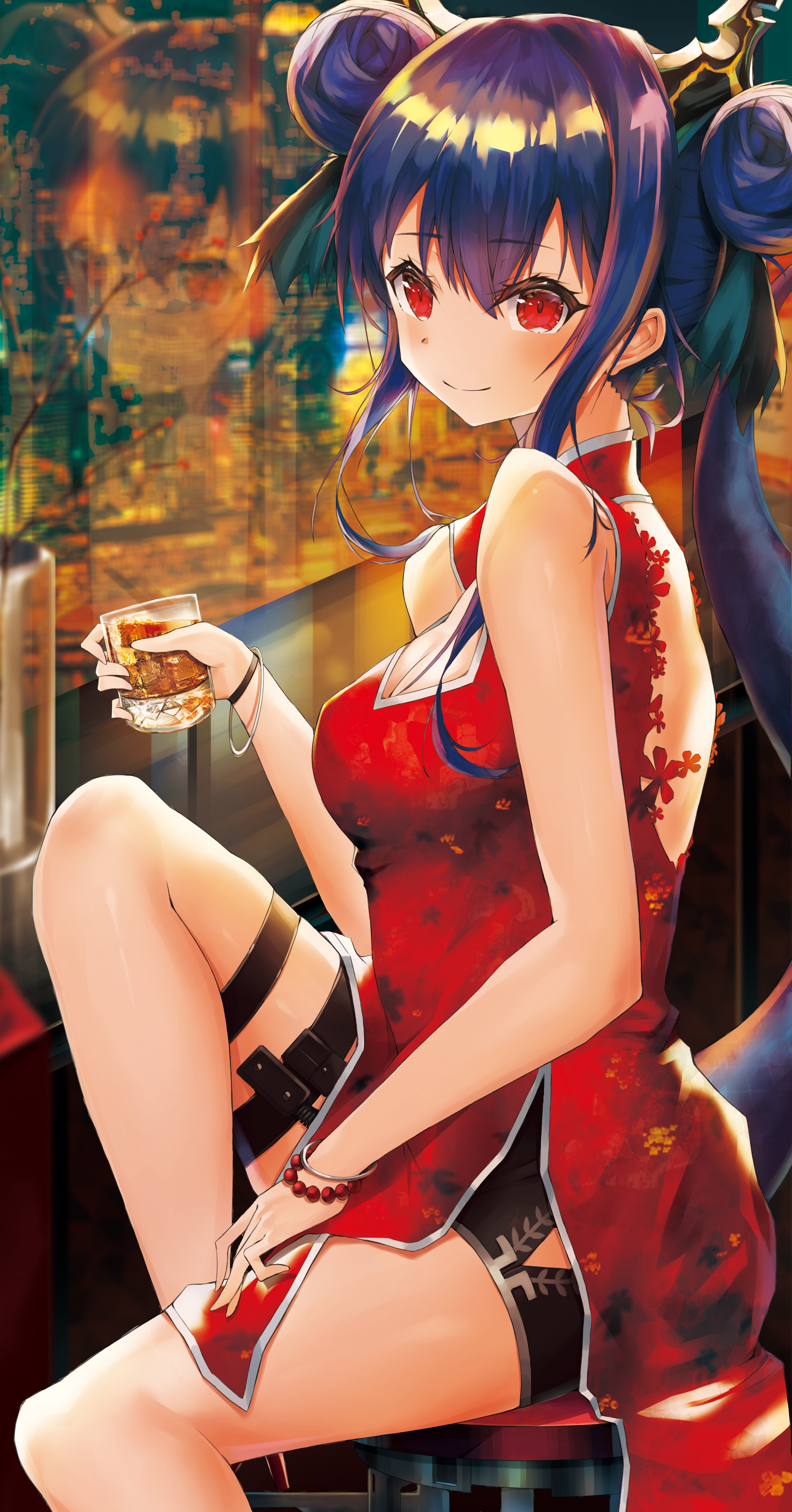 Anime 2925x5584 anime anime girls digital art artwork 2D portrait display ALter (artist) Arknights chinese dress dragon girl Chen (Arknights) horns tail red eyes blue hair smiling