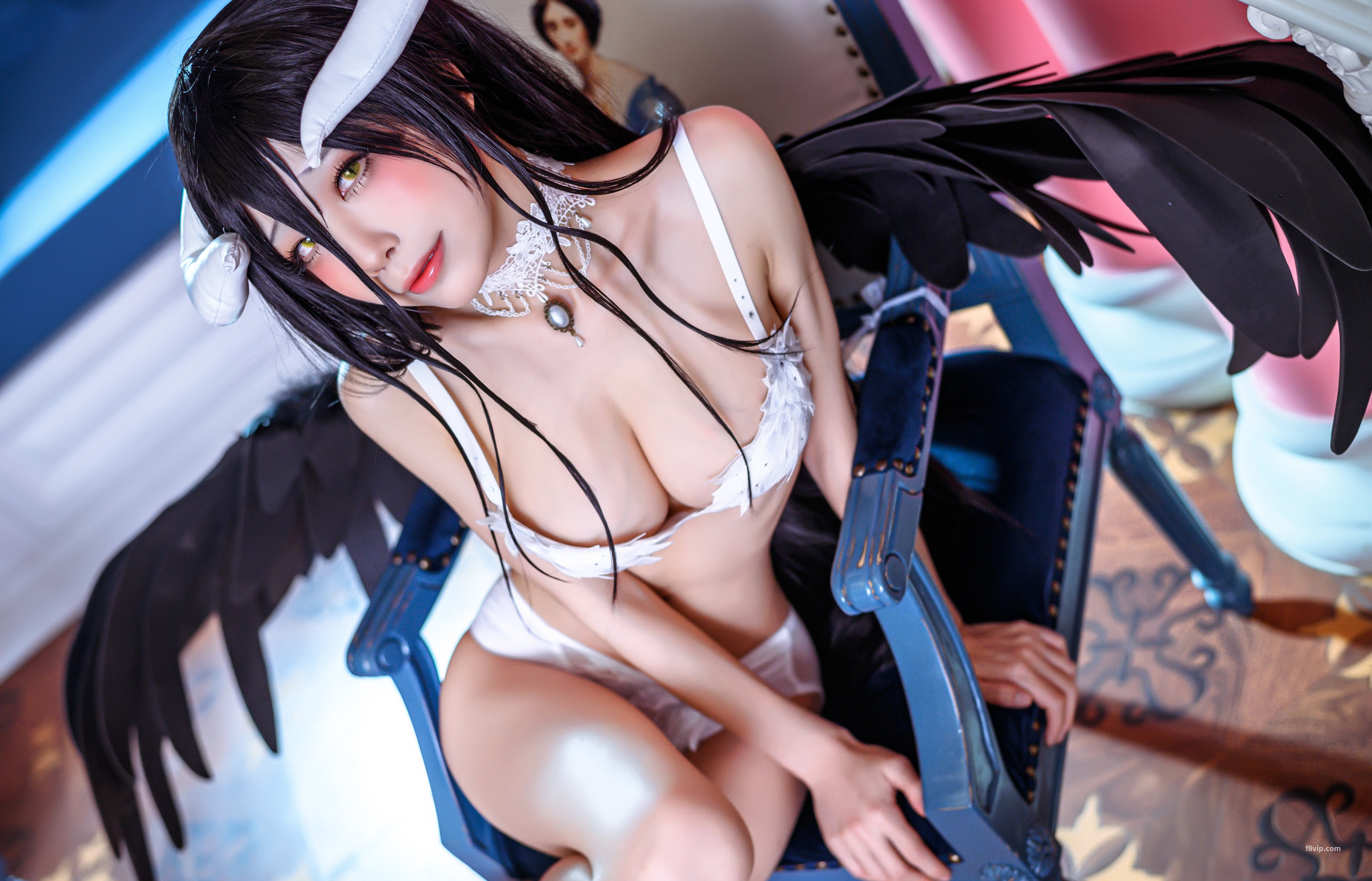 People 6048x3884 women model Asian cosplay Shuimiaoaqua Chinese model Chinese Overlord (anime) Albedo (OverLord) demon succubus horns wings big boobs cleavage dark hair black hair women indoors looking at viewer Chinese women