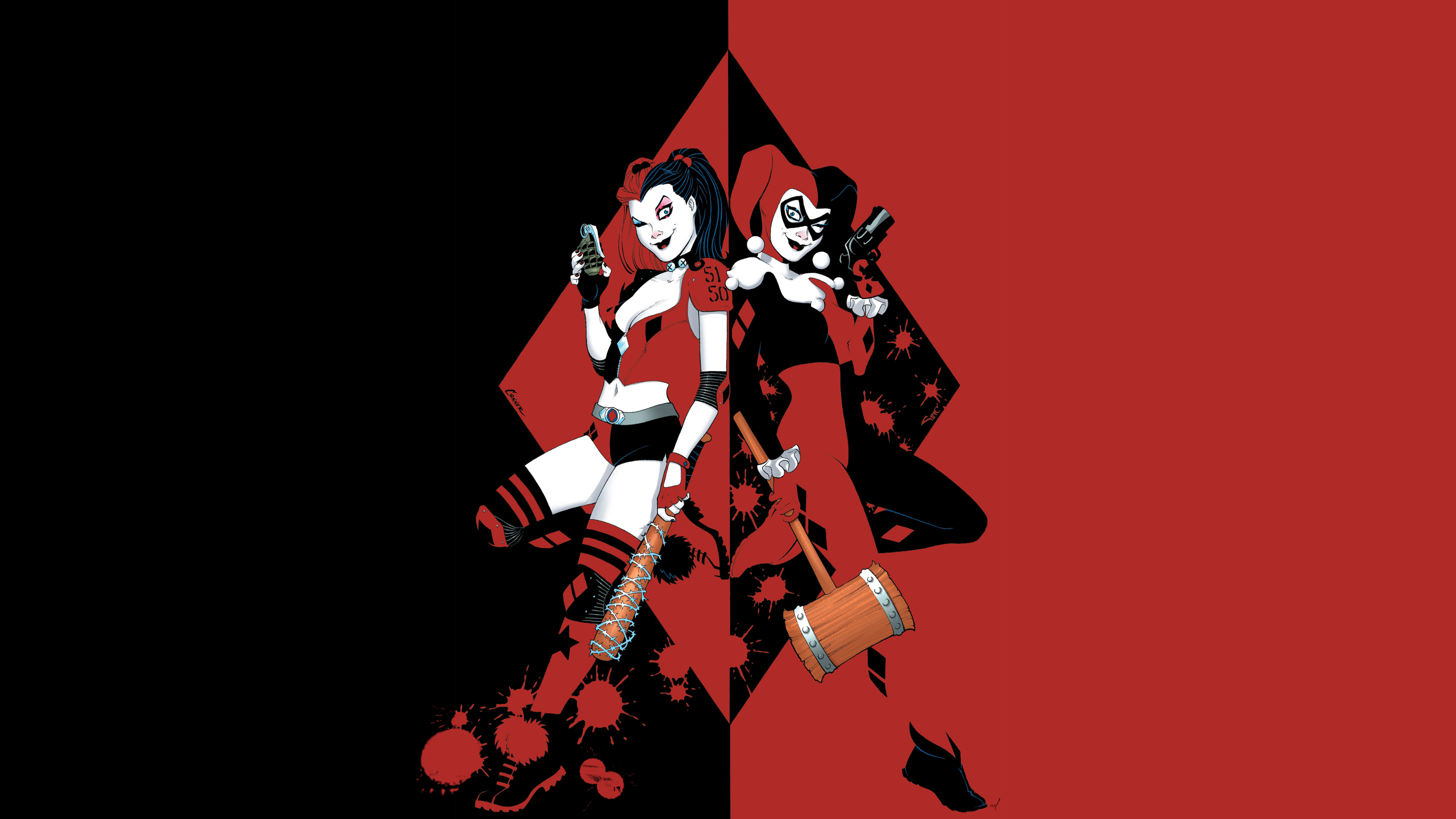 General 3840x2160 Harley Quinn DC Comics split view digital art simple background gun comics girls with guns one eye closed wink looking at viewer smiling closed mouth hammer gloves fingerless gloves jester grenades two tone hair lipstick painted nails red nails red lipstick twintails bells